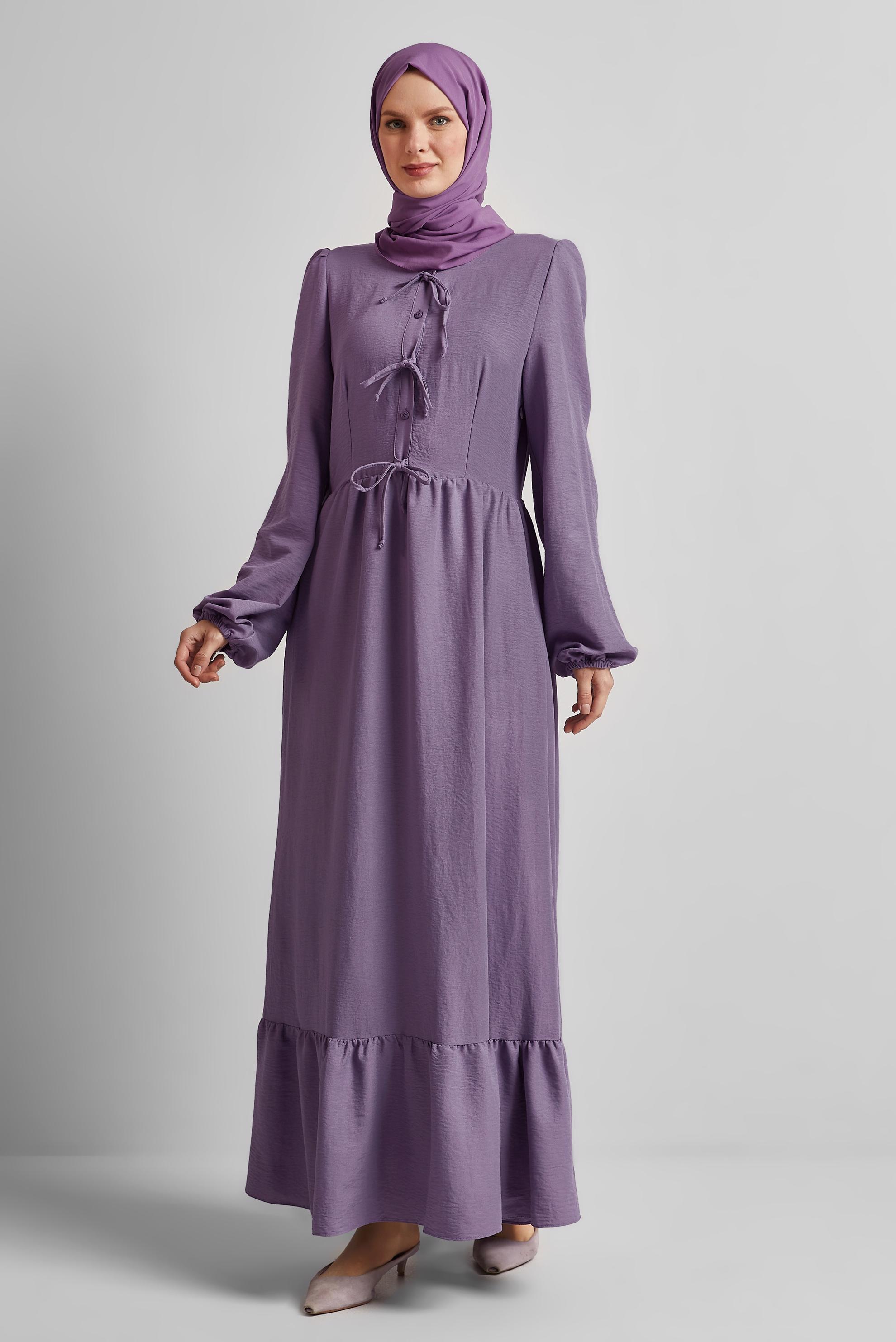Tesettür giyim MOR BAĞCIKLI ELBİSE 45433
