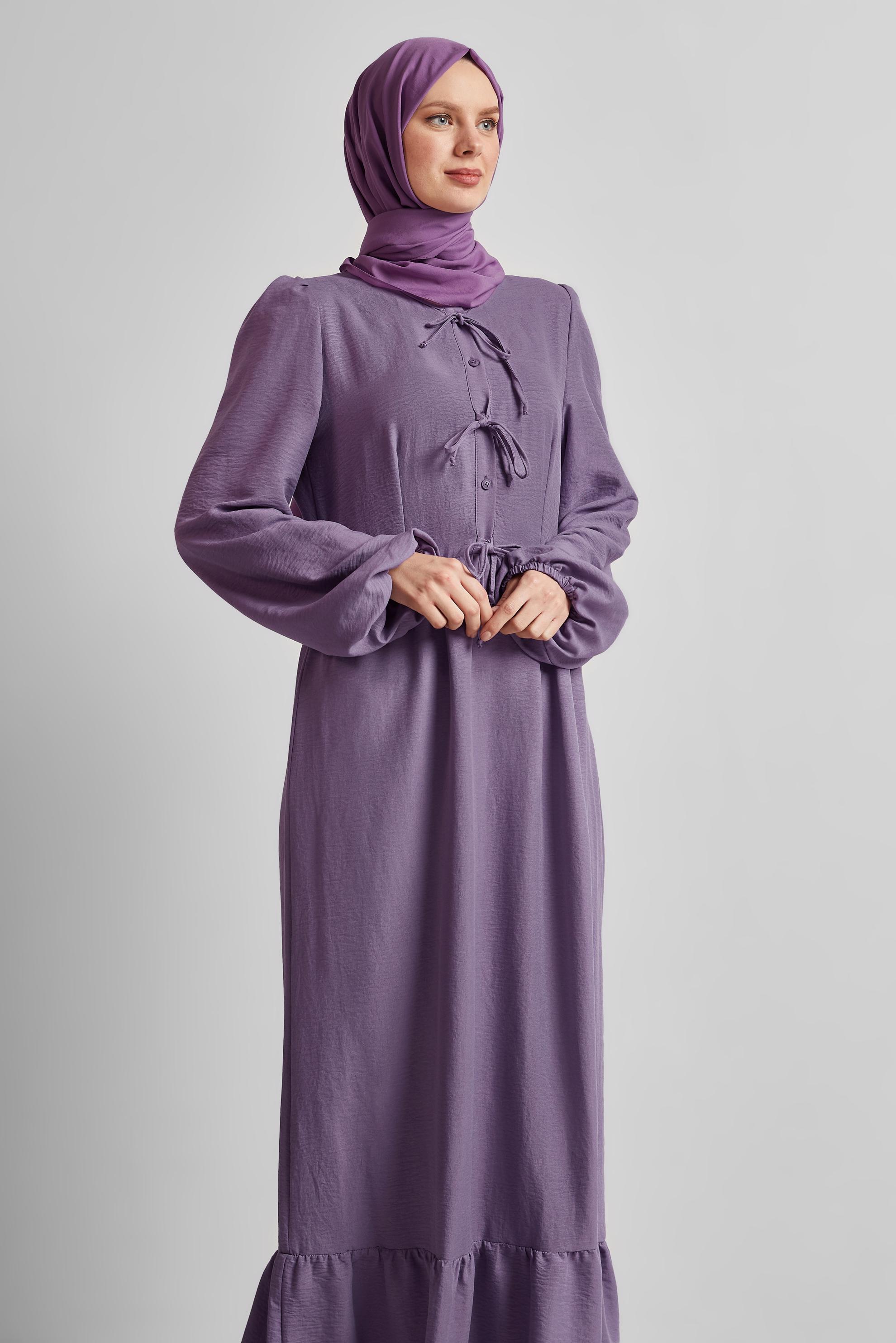 Tesettür giyim MOR BAĞCIKLI ELBİSE 45433