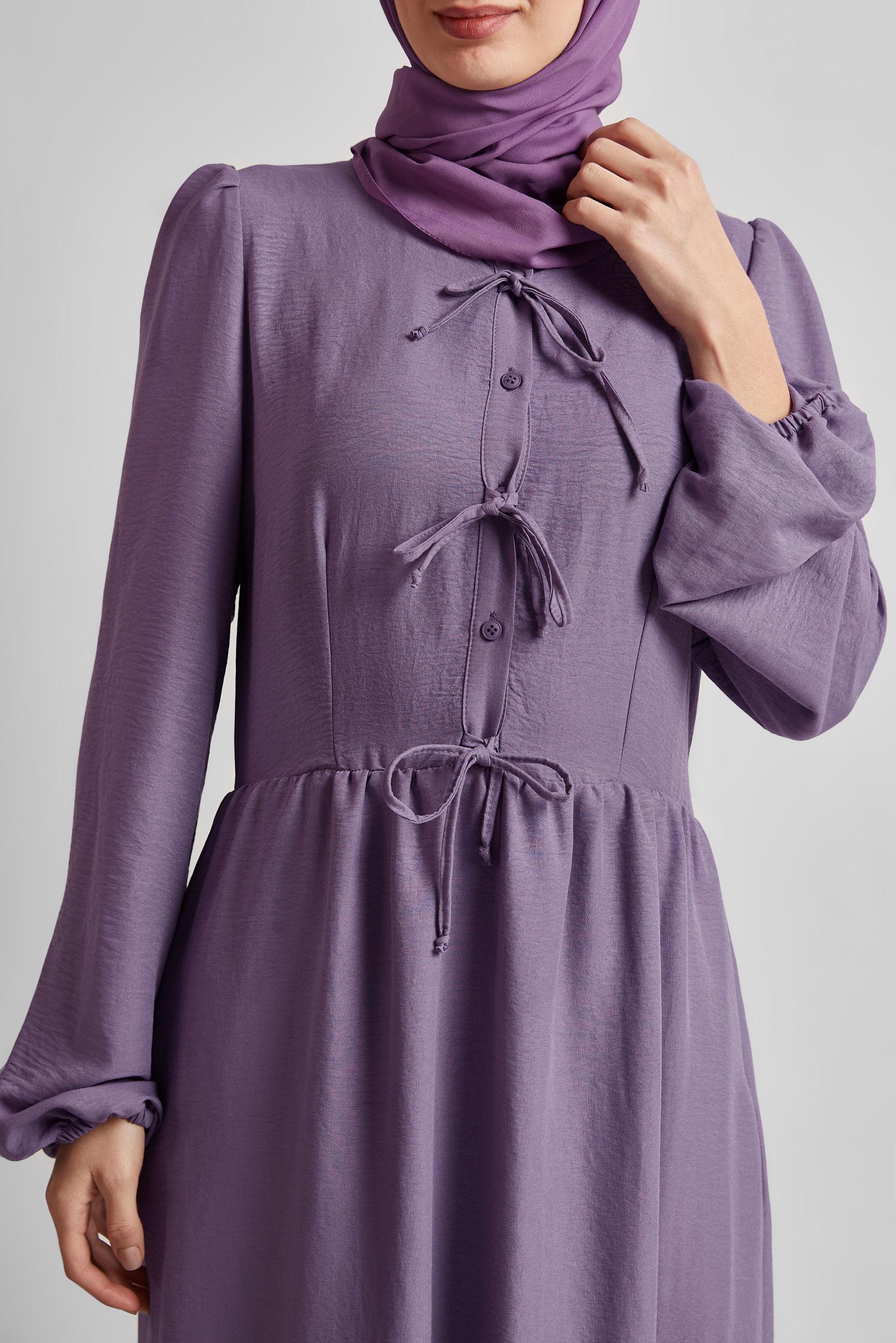 Tesettür giyim MOR BAĞCIKLI ELBİSE 45433