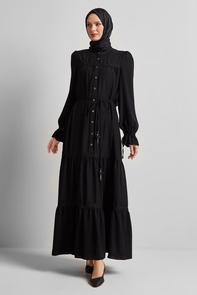 Hijab-Kleidung SCHWARZ GEBUNDENES KLEID 45434 - ALVİNA