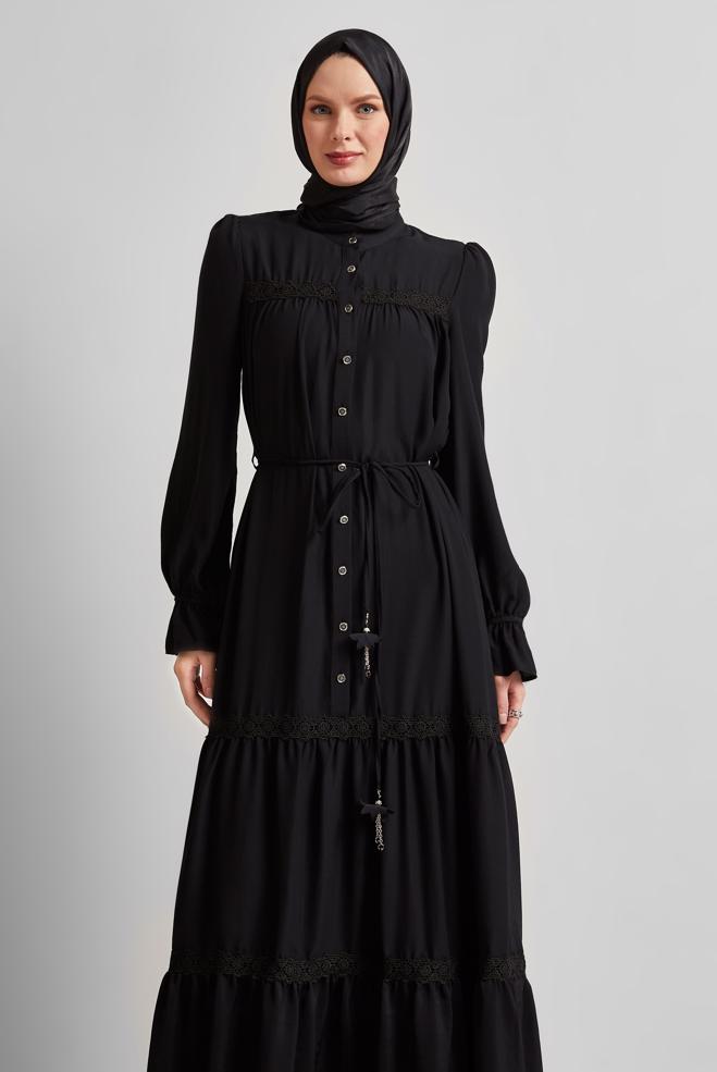 Hijab-Kleidung SCHWARZ GEBUNDENES KLEID 45434 - ALVİNA
