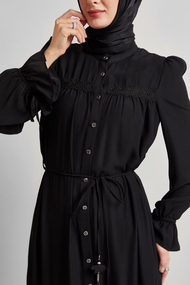 Hijab-Kleidung SCHWARZ GEBUNDENES KLEID 45434 - ALVİNA