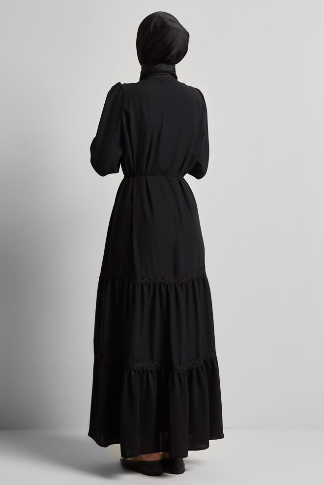 Hijab-Kleidung SCHWARZ GEBUNDENES KLEID 45434 - ALVİNA