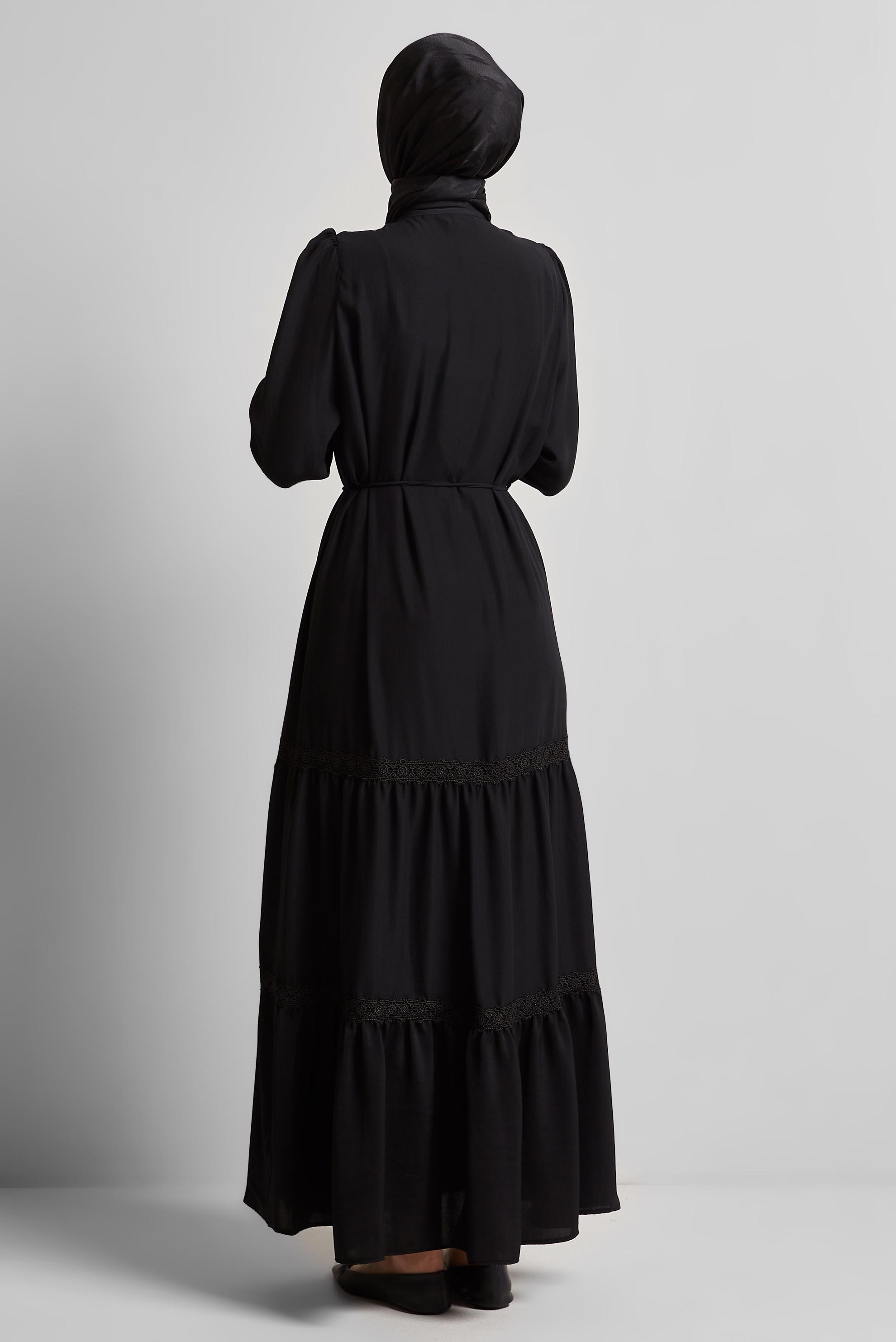 Tesettür giyim SİYAH BAĞCIKLI ELBİSE 45434