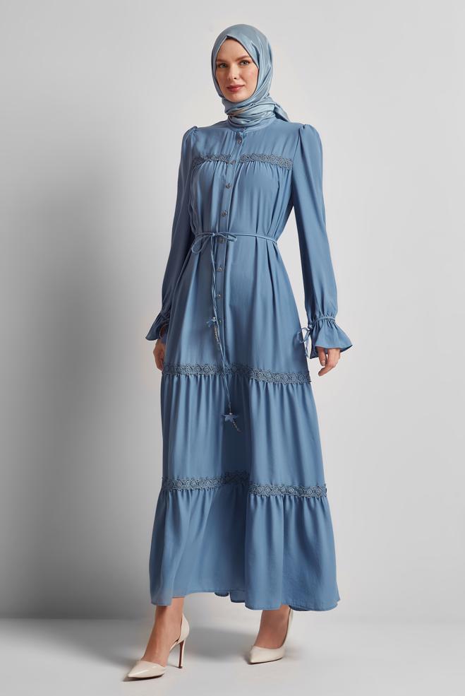 Hijab-Kleidung BLAU GEBUNDENES KLEID 45434 - ALVİNA