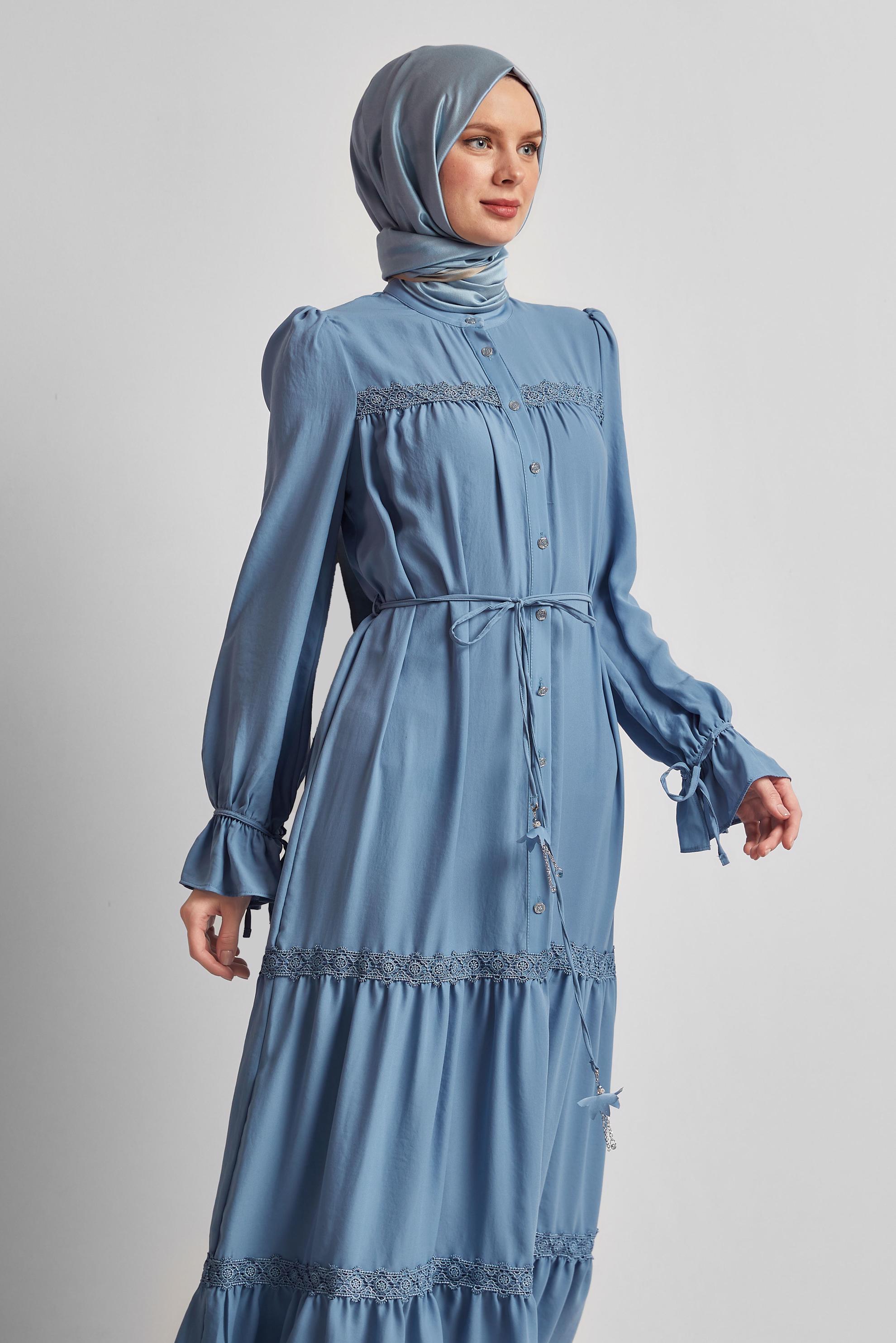 Tesettür giyim MAVİ BAĞCIKLI ELBİSE 45434