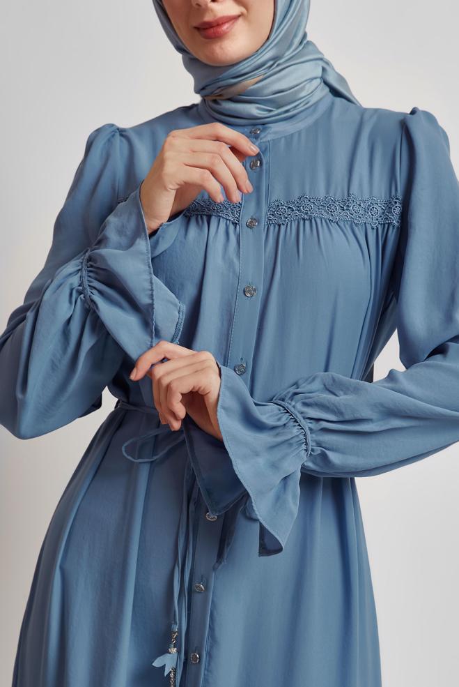 Hijab-Kleidung BLAU GEBUNDENES KLEID 45434 - ALVİNA
