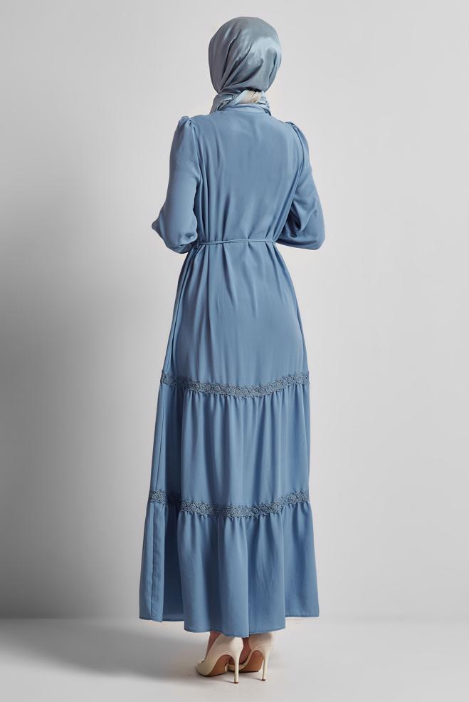 Hijab-Kleidung BLAU GEBUNDENES KLEID 45434 - ALVİNA