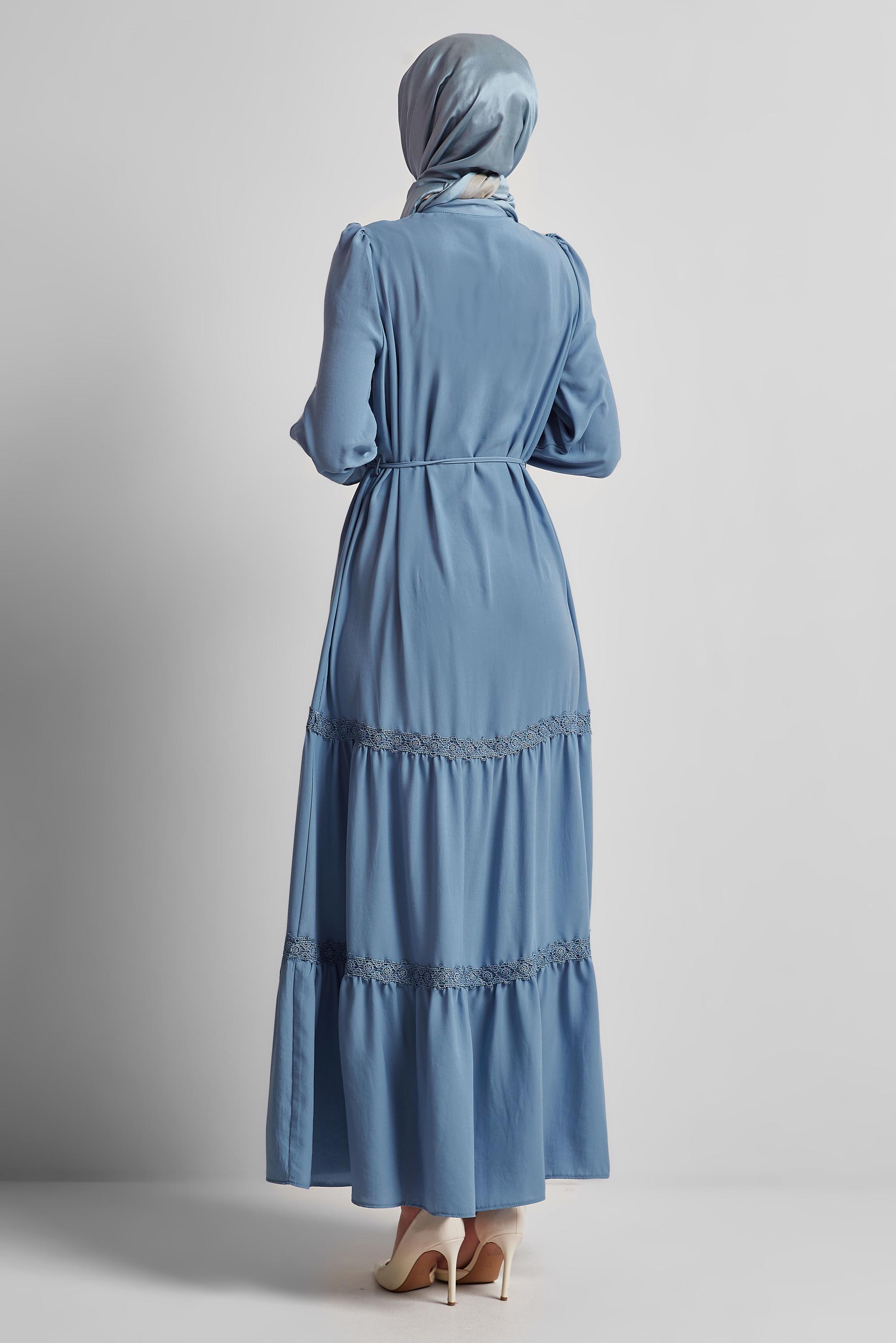 Tesettür giyim MAVİ BAĞCIKLI ELBİSE 45434