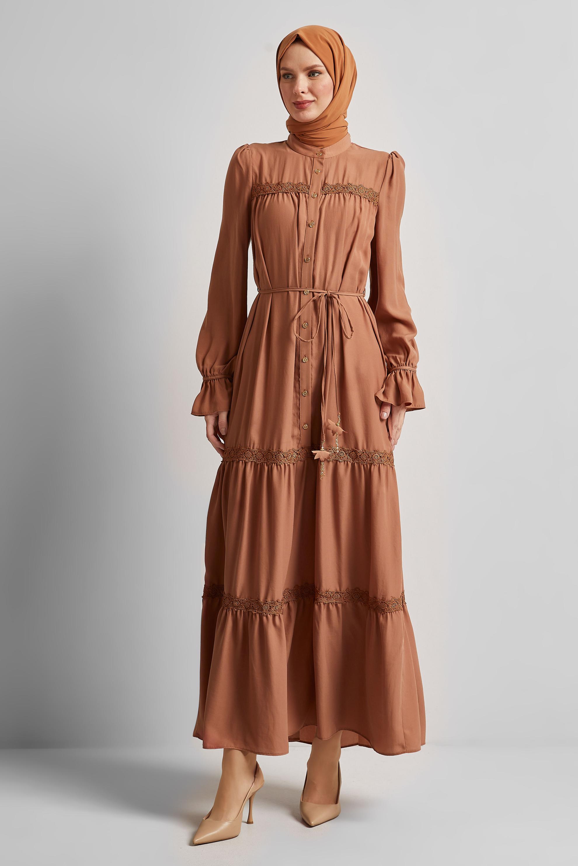 Tesettür giyim KAHVE BAĞCIKLI ELBİSE 45434