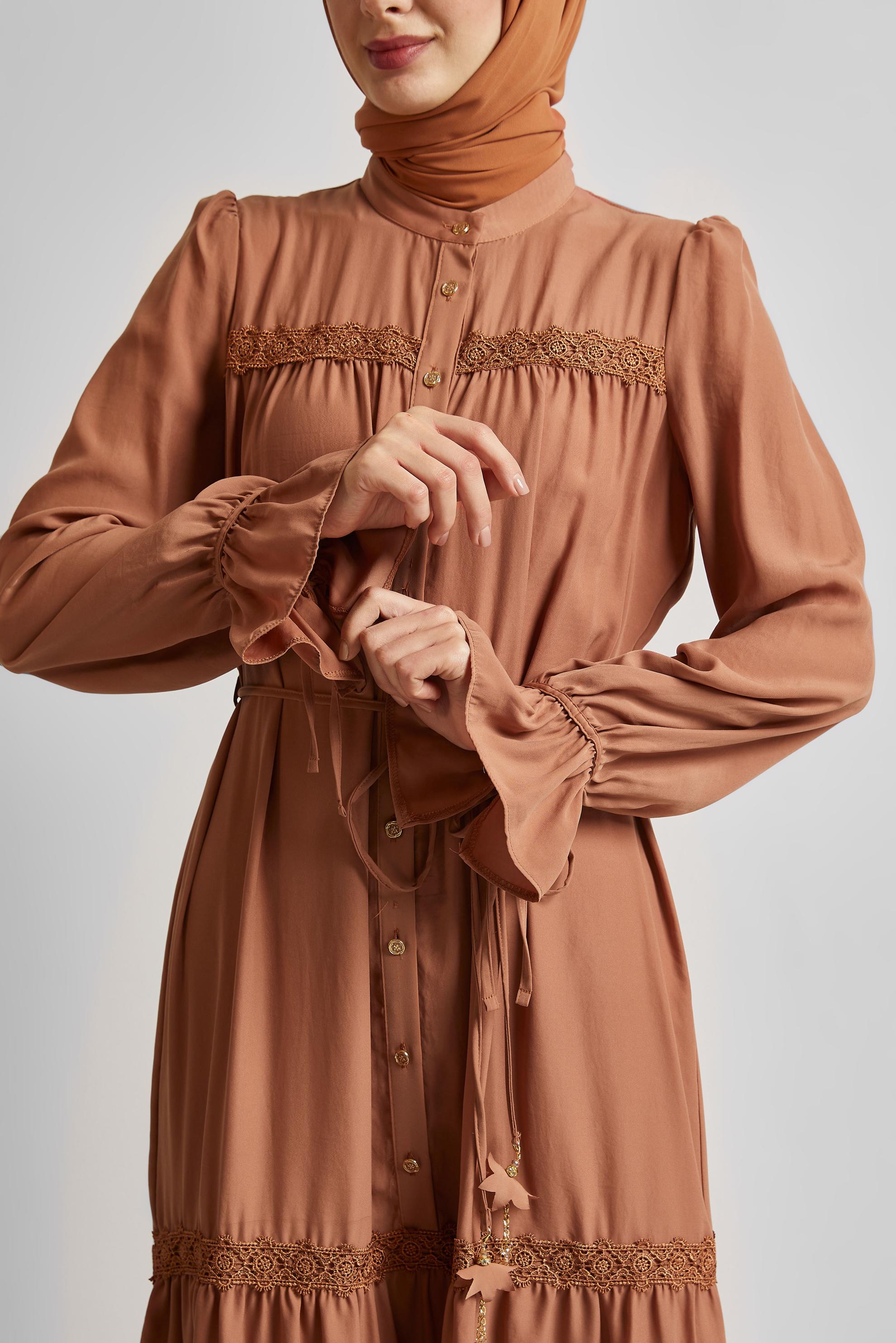 Tesettür giyim KAHVE BAĞCIKLI ELBİSE 45434