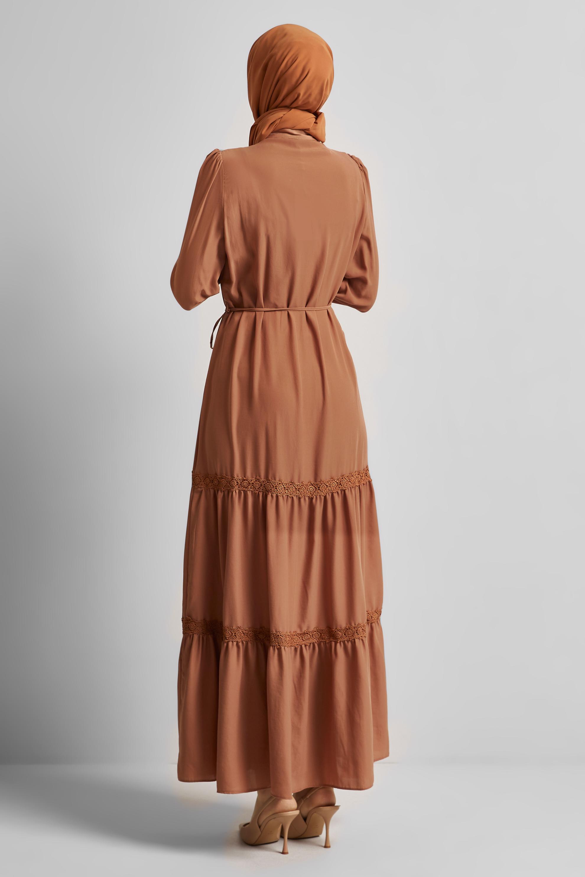 Tesettür giyim KAHVE BAĞCIKLI ELBİSE 45434