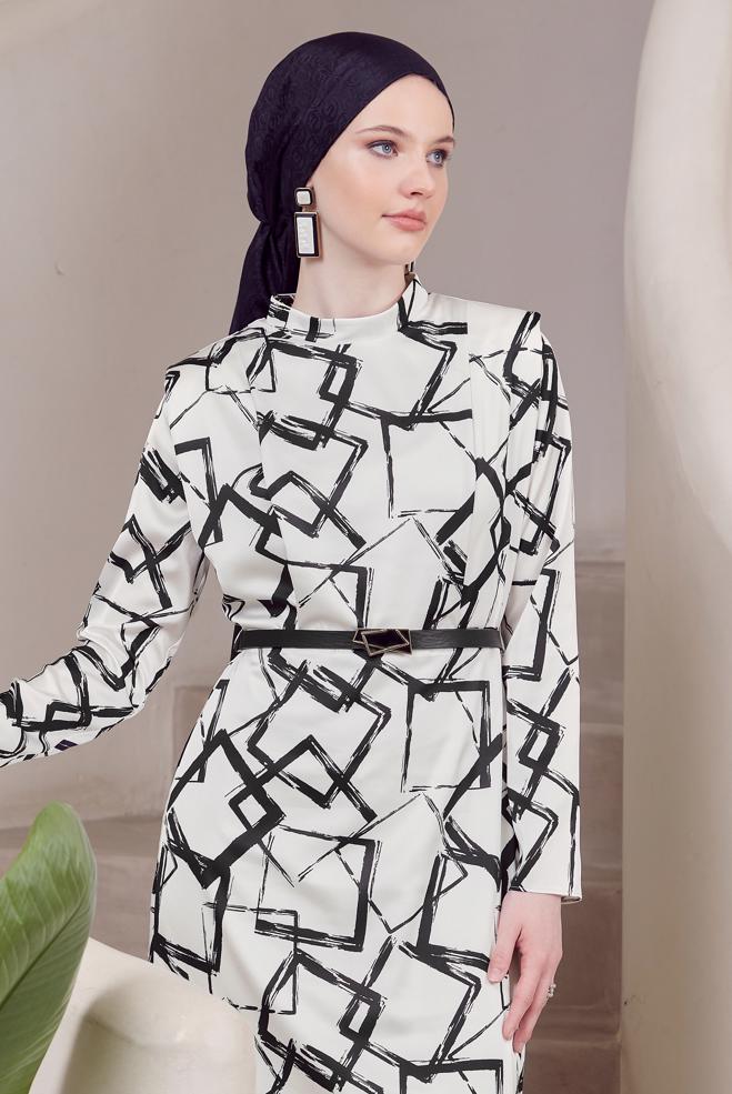 Vêtements hijab BEIGE ROBE EN SATIN CEINTURÉE 45447 - ALVİNA