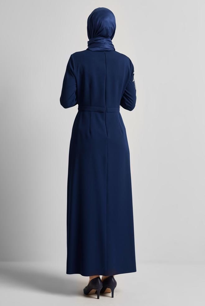 Hijab-Kleidung NAVY BLAU KLEID MIT EDELSTEINSTICKUNG 45448 - ALVİNA