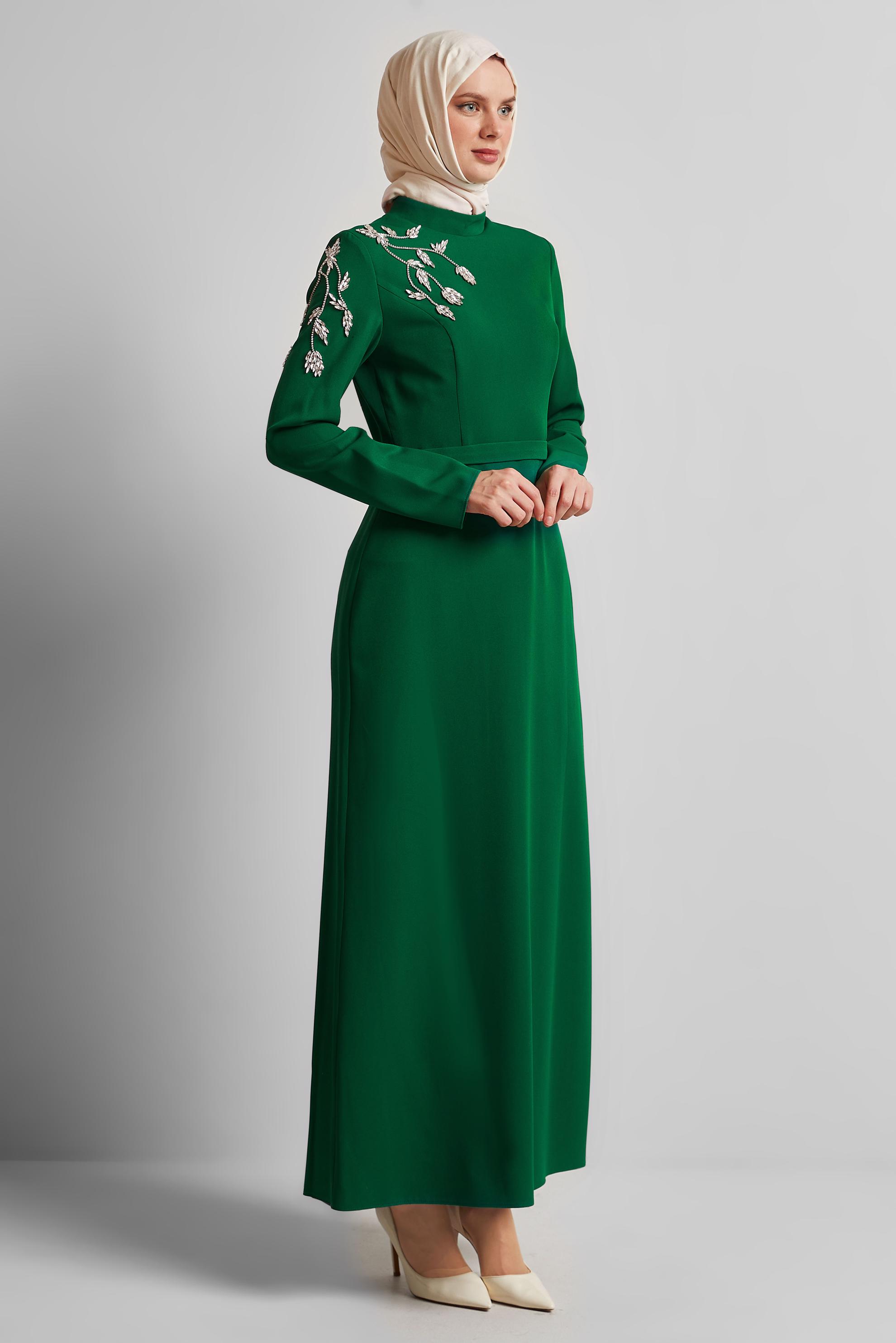 Tesettür giyim YEŞİL TAŞ BASKILI ELBİSE 45448