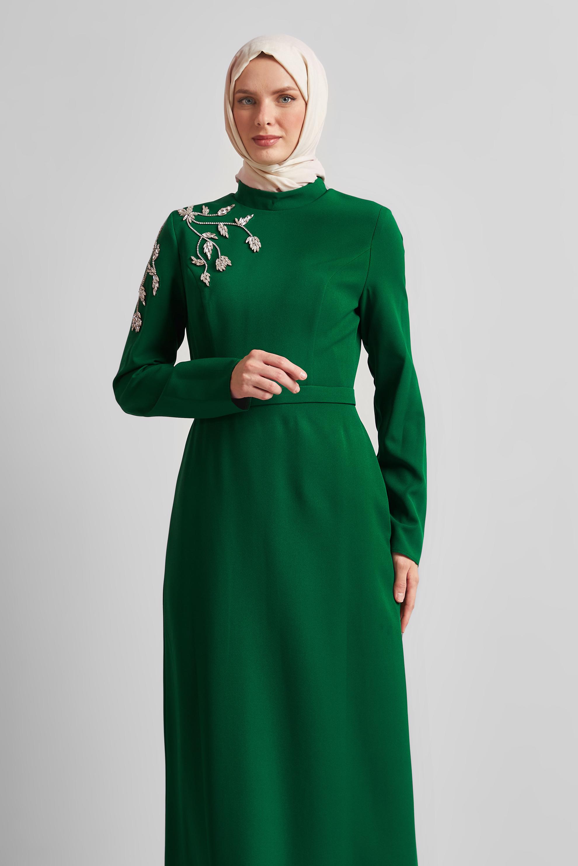 Tesettür giyim YEŞİL TAŞ BASKILI ELBİSE 45448