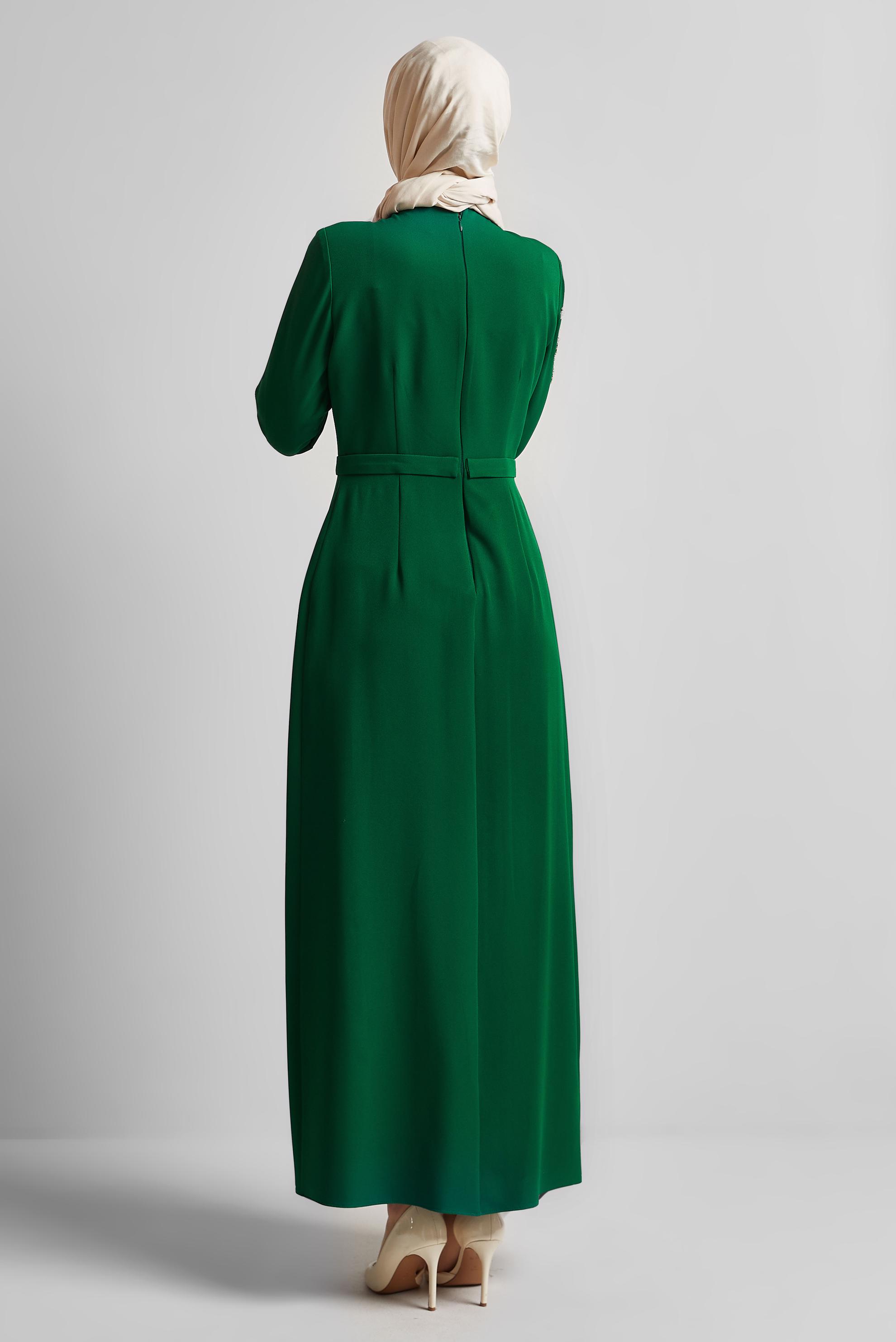 Tesettür giyim YEŞİL TAŞ BASKILI ELBİSE 45448