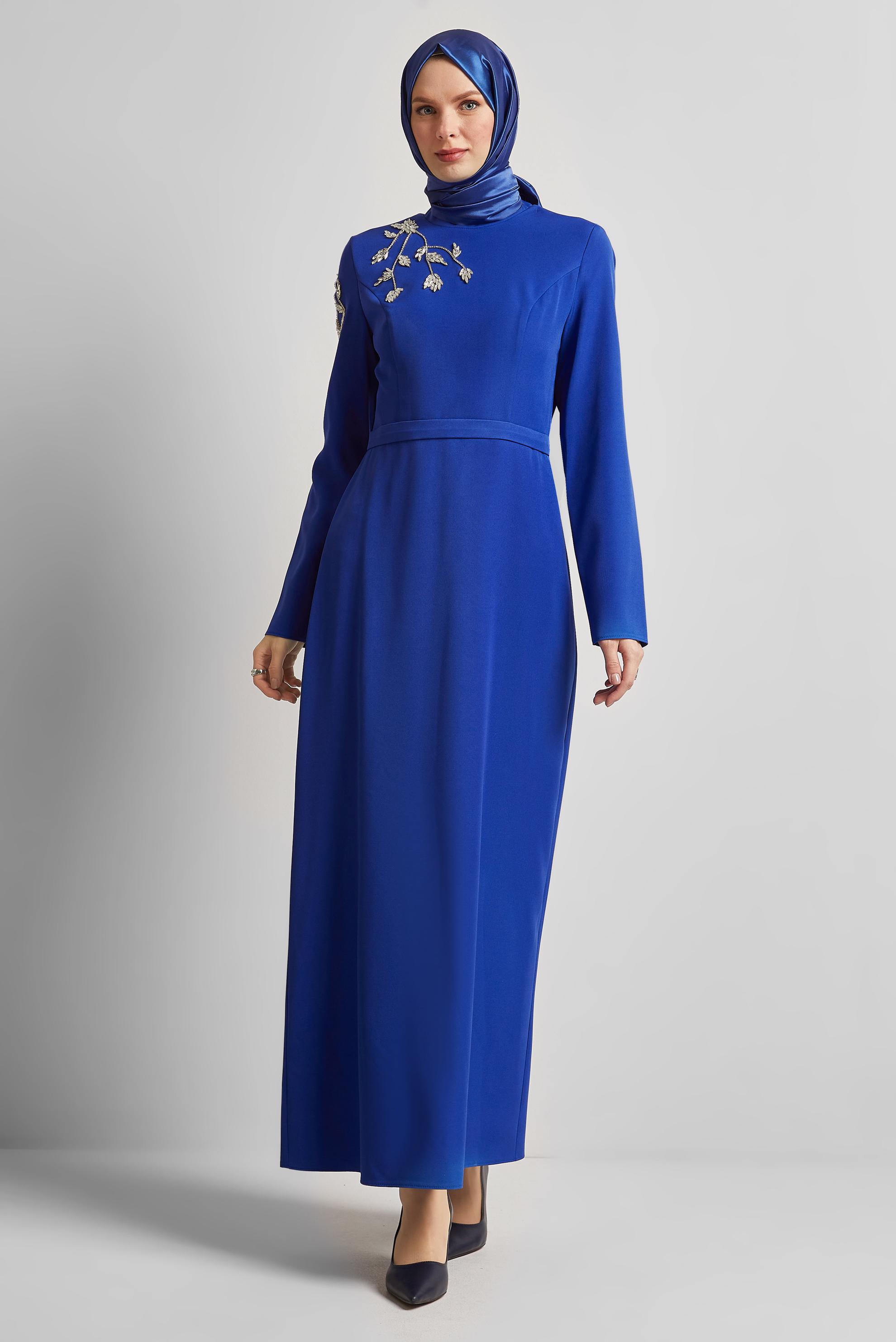 Tesettür giyim MAVİ TAŞ BASKILI ELBİSE 45448