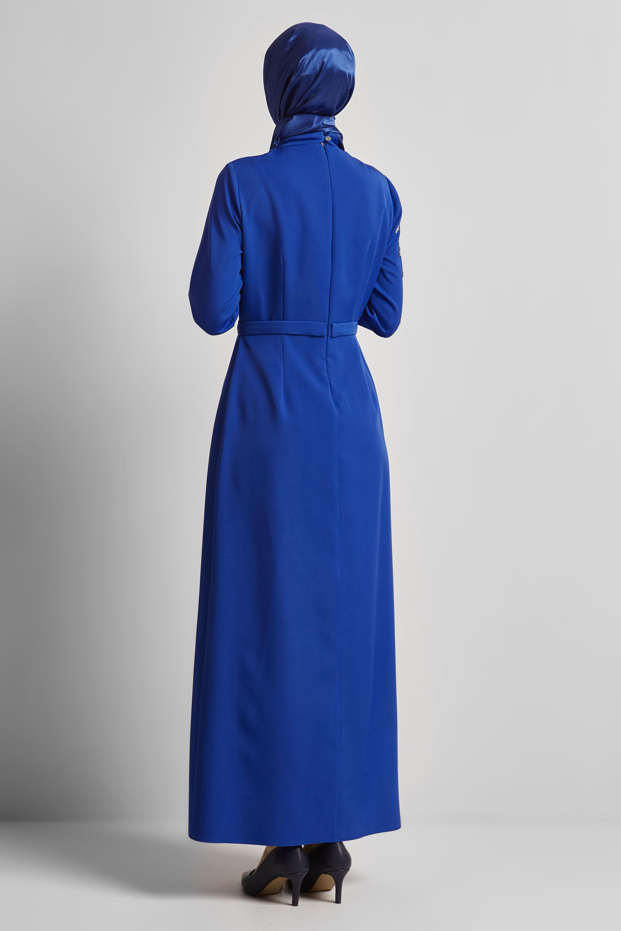 Tesettür giyim MAVİ TAŞ BASKILI ELBİSE 45448