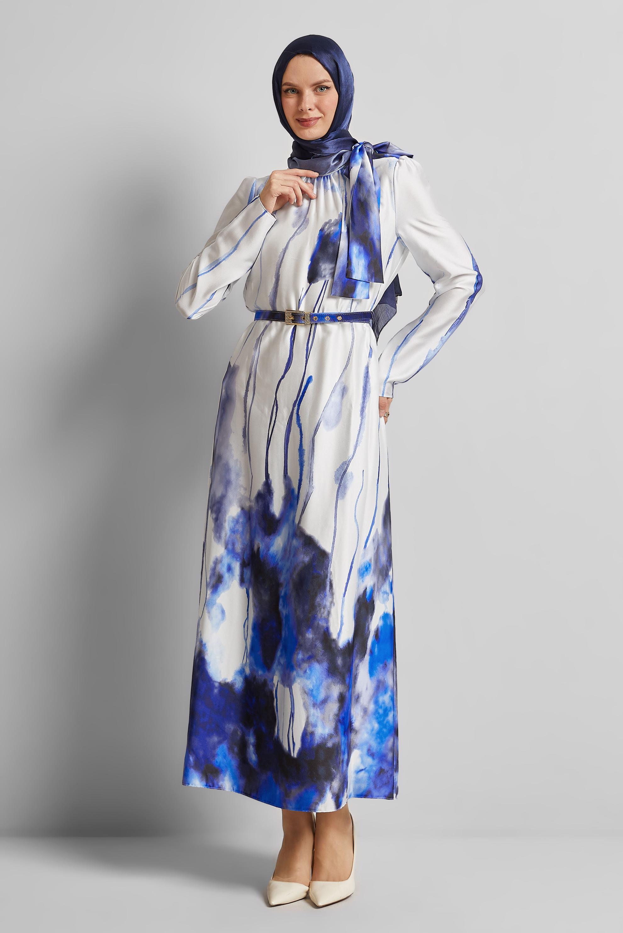 Tesettür giyim LACİVERT KEMERLİ ELBİSE 45451