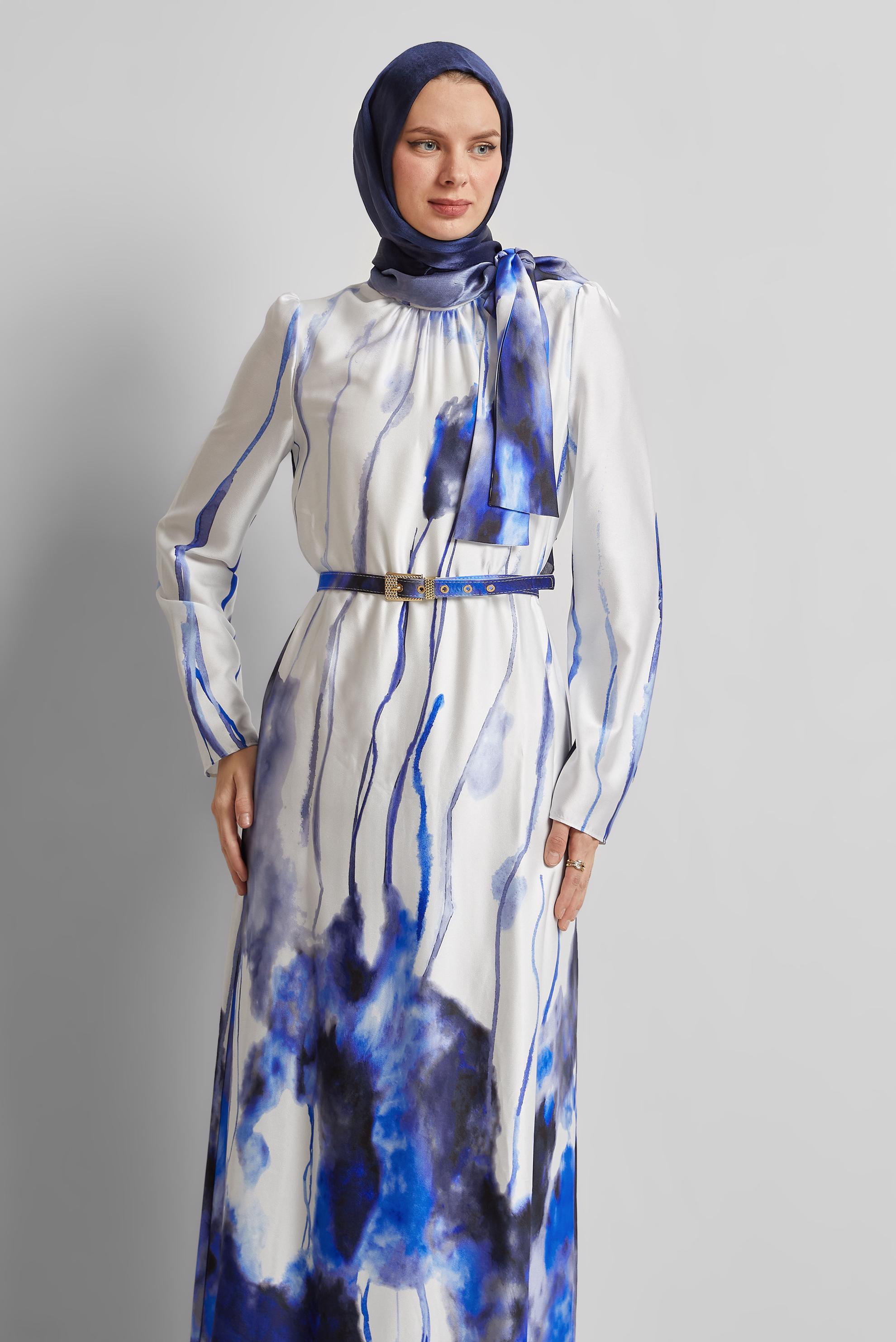 Tesettür giyim LACİVERT KEMERLİ ELBİSE 45451