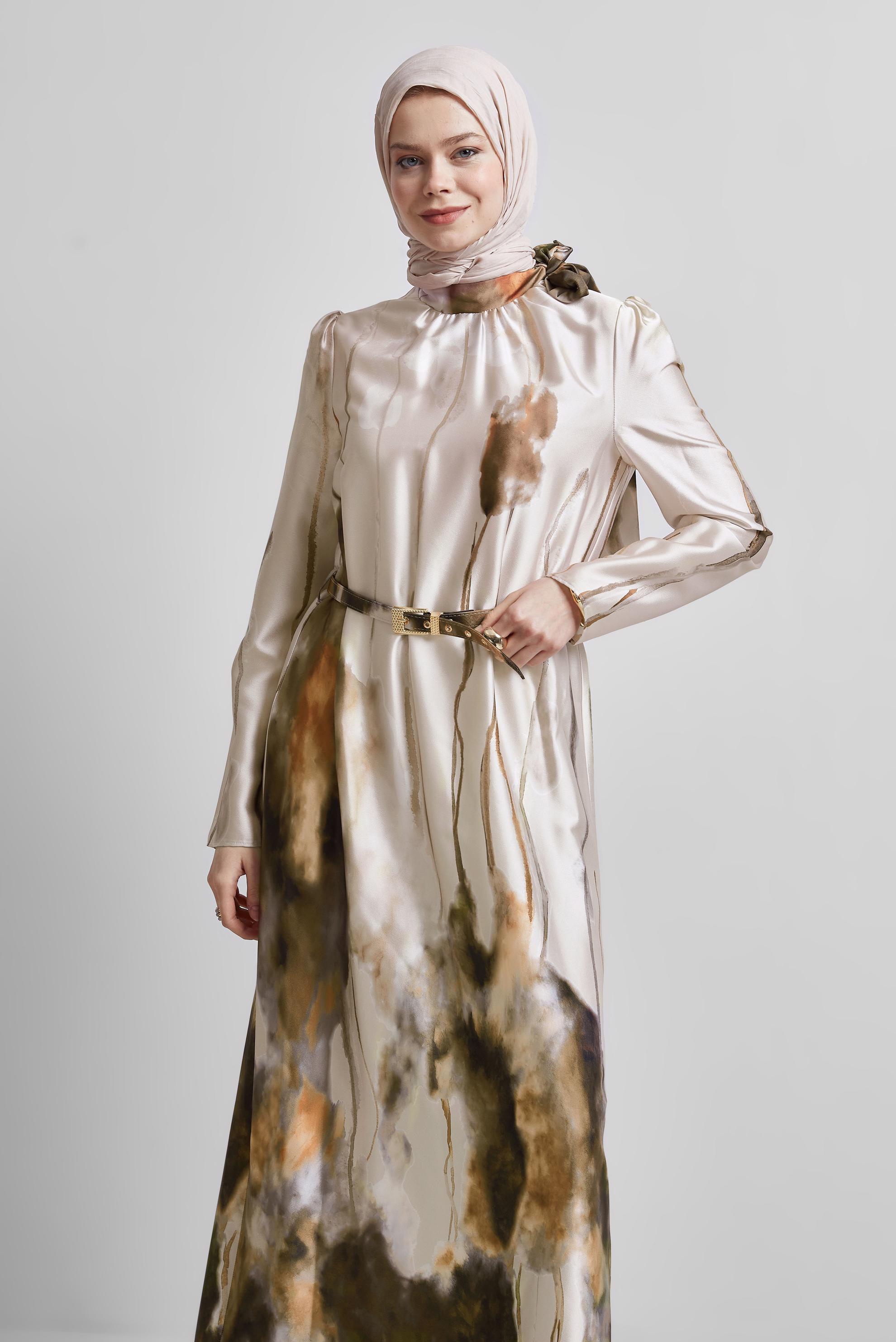 Tesettür giyim VİZON KEMERLİ ELBİSE 45451