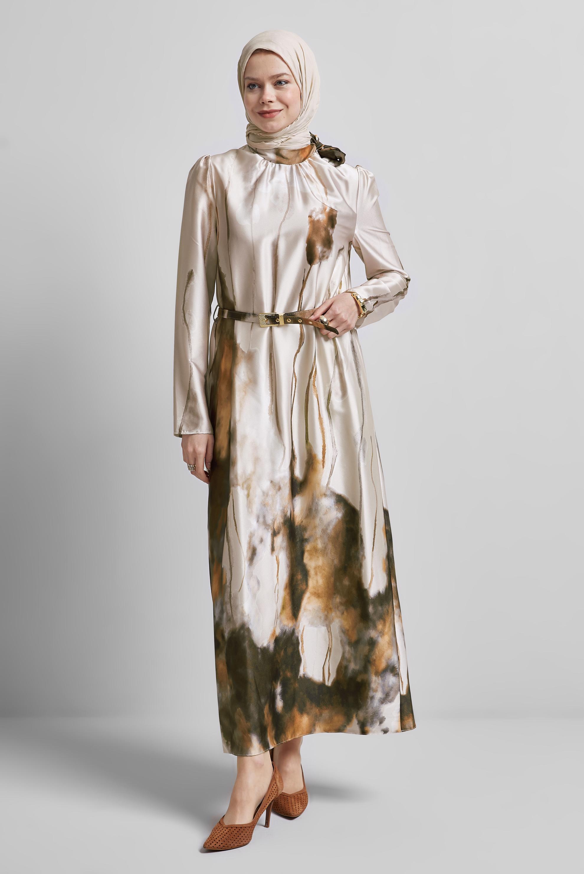 Tesettür giyim VİZON KEMERLİ ELBİSE 45451