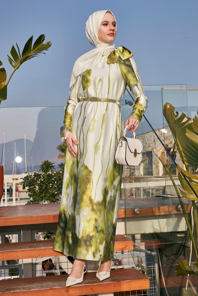 Hijab-Kleidung GRÜN KLEID MIT GÜRTEL 45451 - ALVİNA