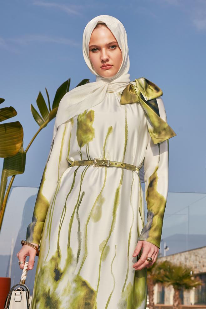 Hijab-Kleidung GRÜN KLEID MIT GÜRTEL 45451 - ALVİNA