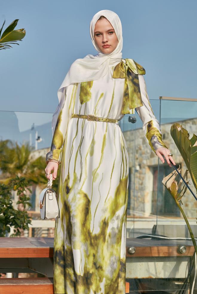 Hijab-Kleidung GRÜN KLEID MIT GÜRTEL 45451 - ALVİNA