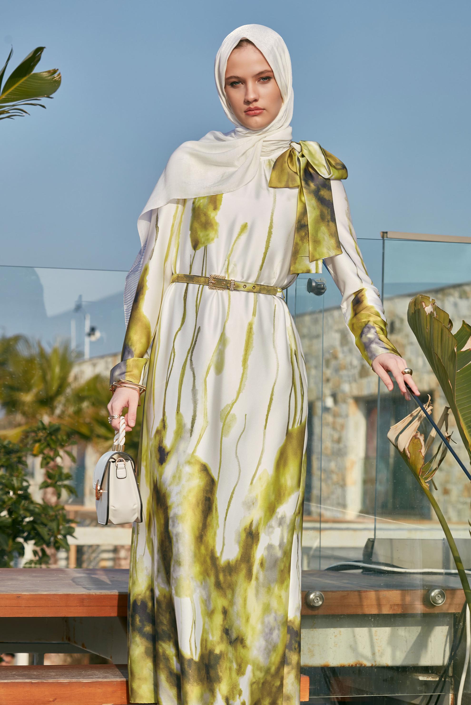 Tesettür giyim YEŞİL KEMERLİ ELBİSE 45451