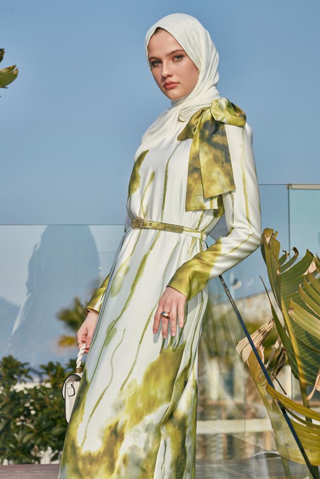 Hijab-Kleidung GRÜN KLEID MIT GÜRTEL 45451 - ALVİNA