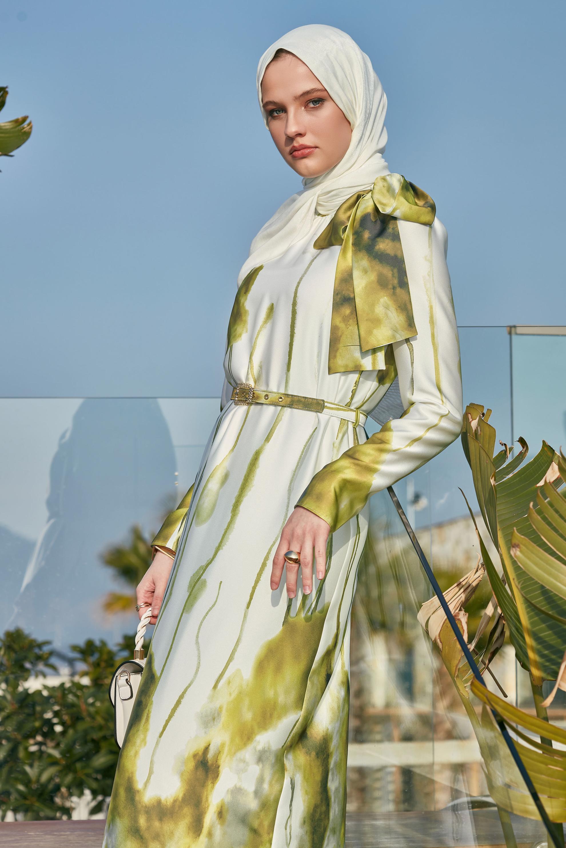 Tesettür giyim YEŞİL KEMERLİ ELBİSE 45451