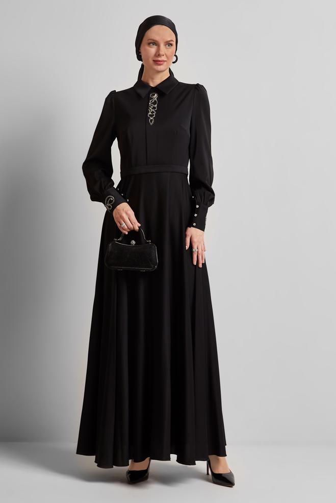 Hijab clothing BLACK GEM DETAILED DRESS 45452 - ALVİNA