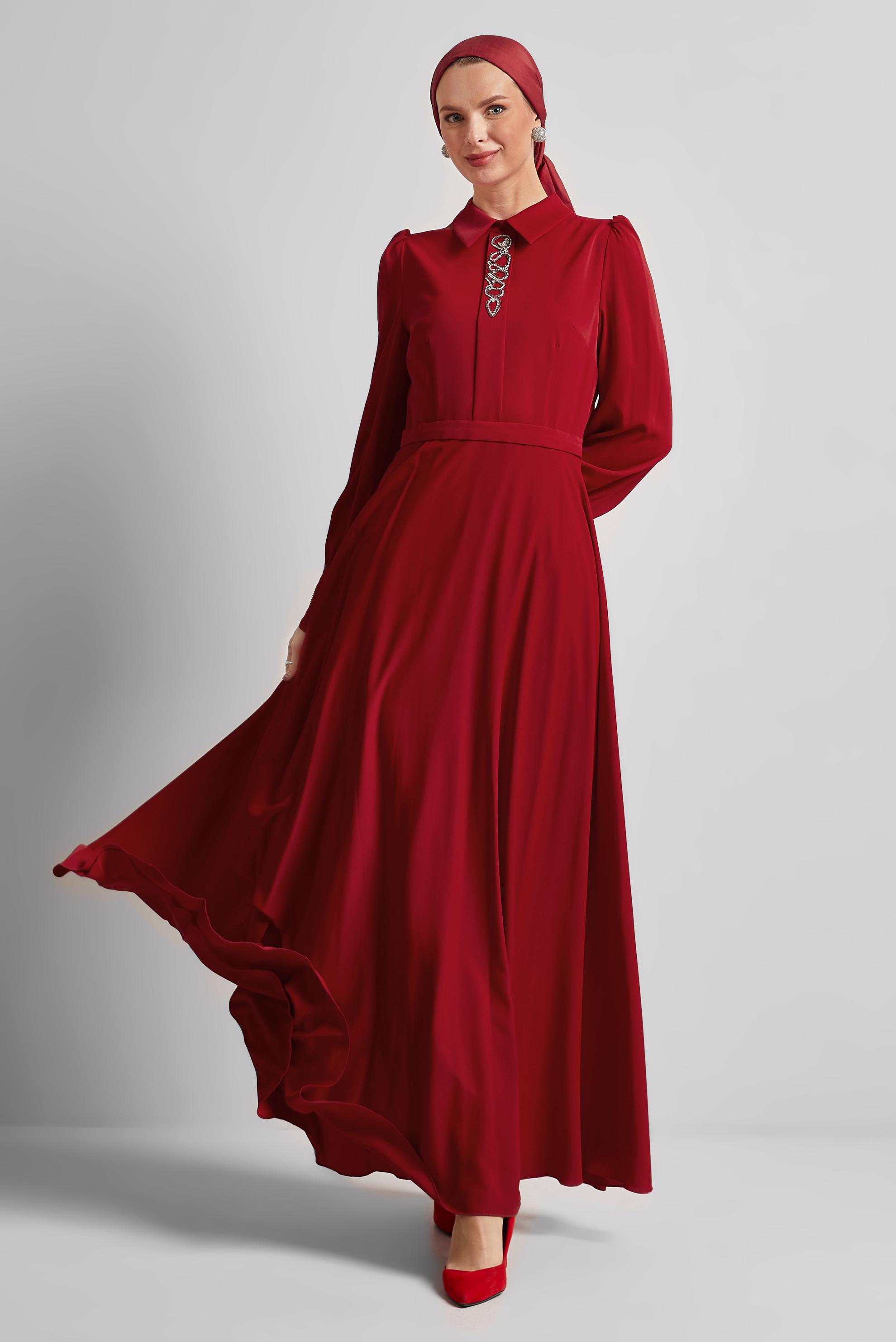 Tesettür giyim KIRMIZI TAŞ DETAYLI ELBİSE 45452