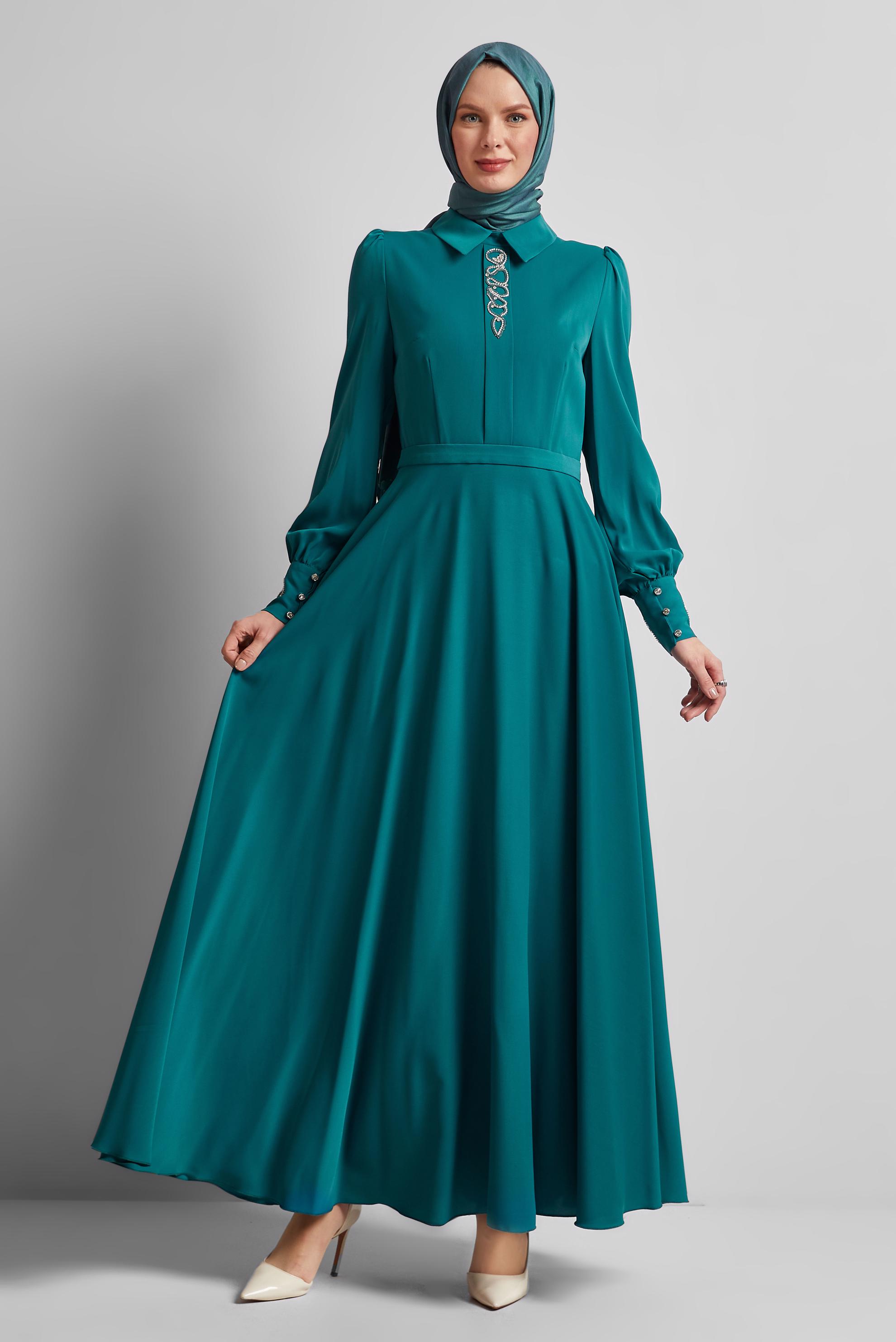 Tesettür giyim MAVİ TAŞ DETAYLI ELBİSE 45452