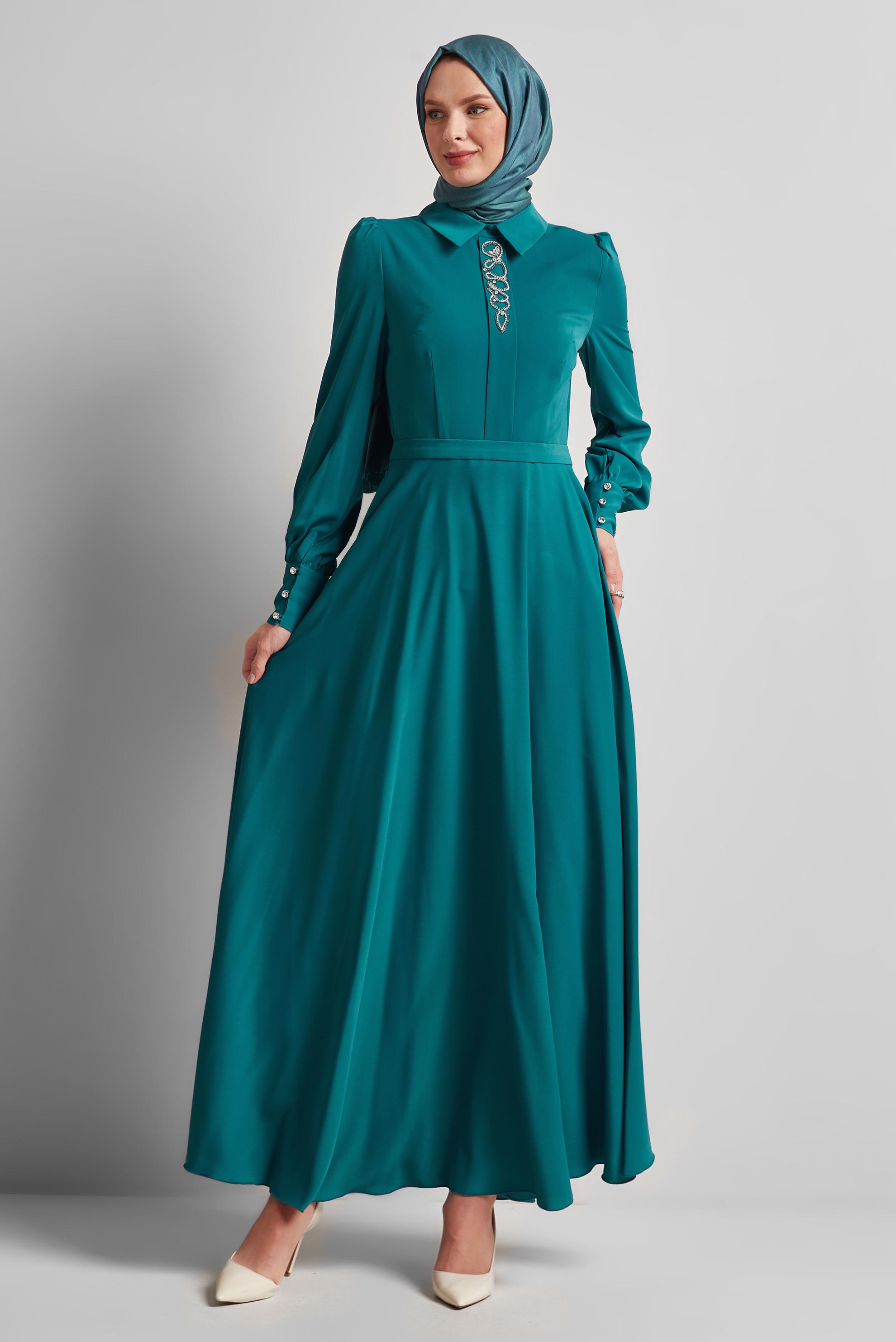 Tesettür giyim MAVİ TAŞ DETAYLI ELBİSE 45452