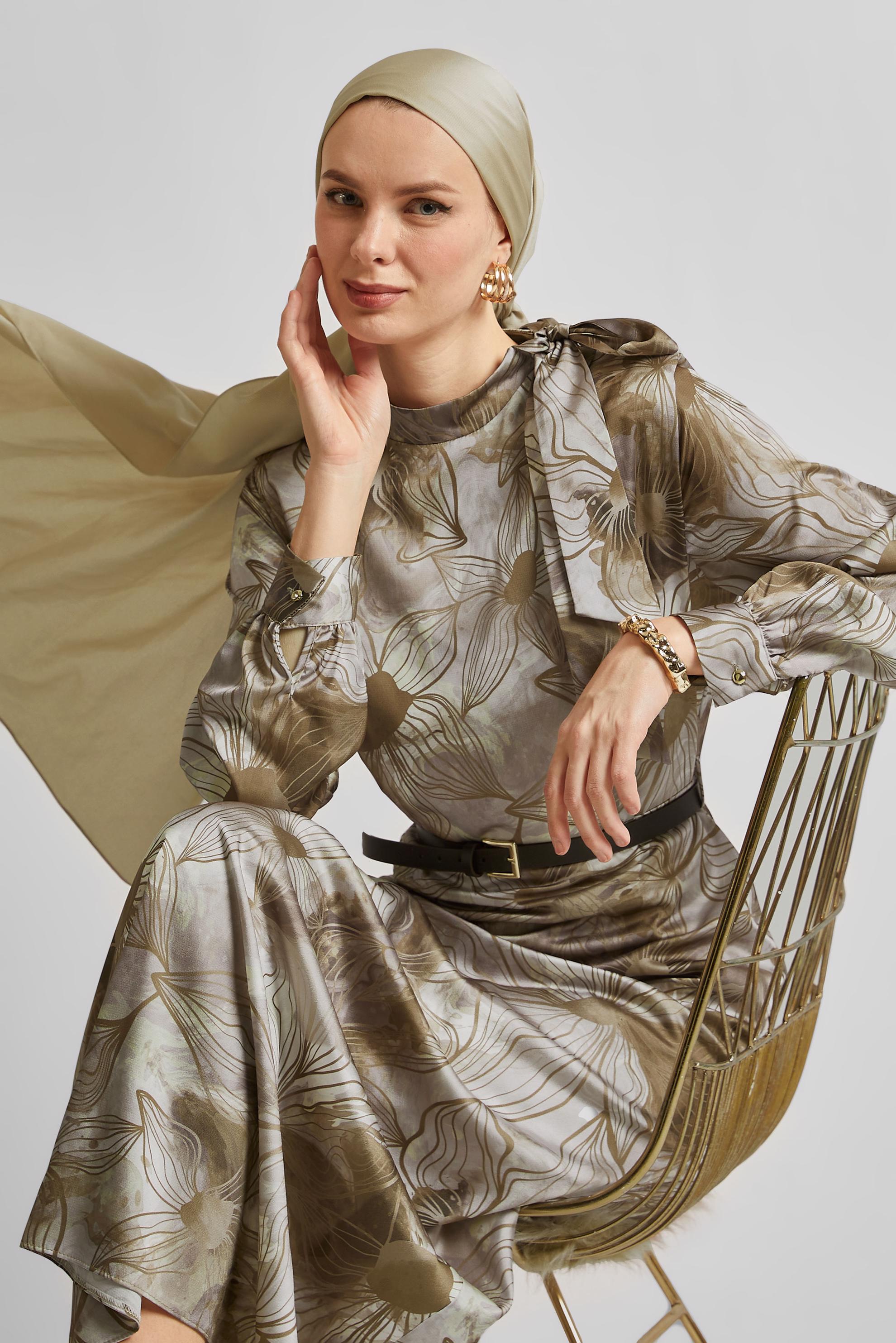 Tesettür giyim VİZON SATEN ELBİSE 45453