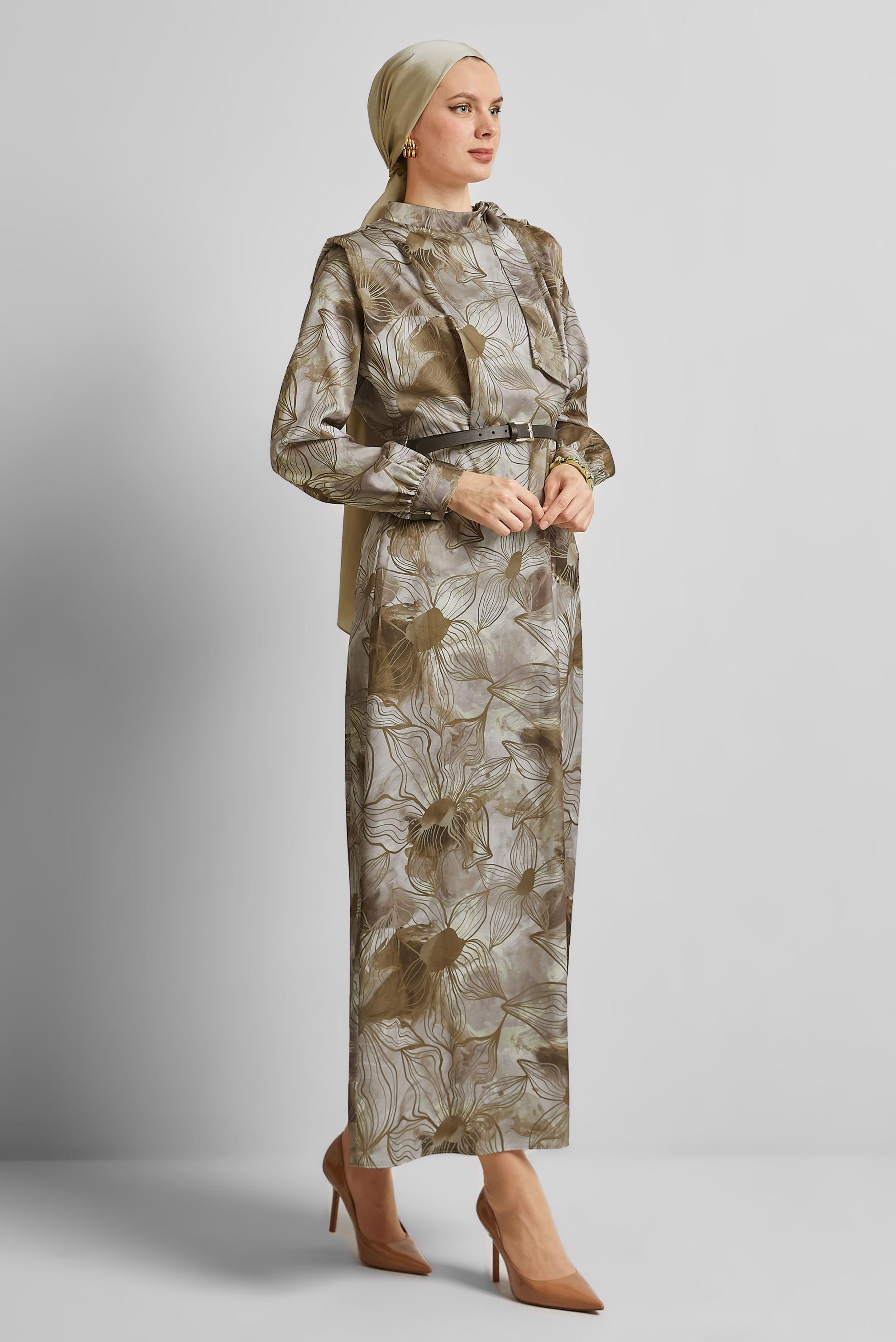 Tesettür giyim VİZON SATEN ELBİSE 45453