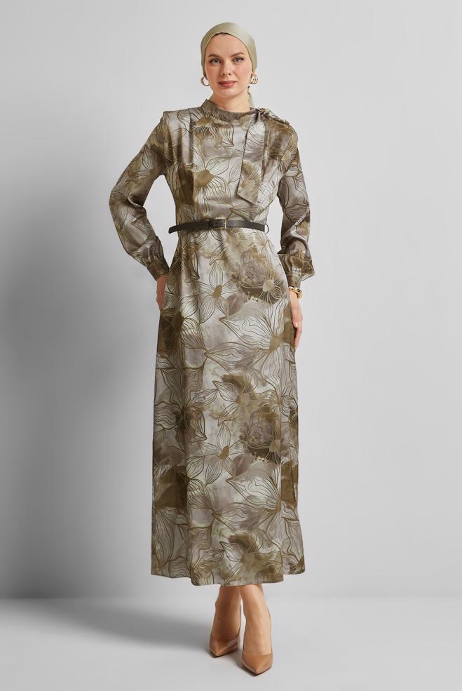 Tesettür giyim VİZON SATEN ELBİSE 45453 - ALVİNA