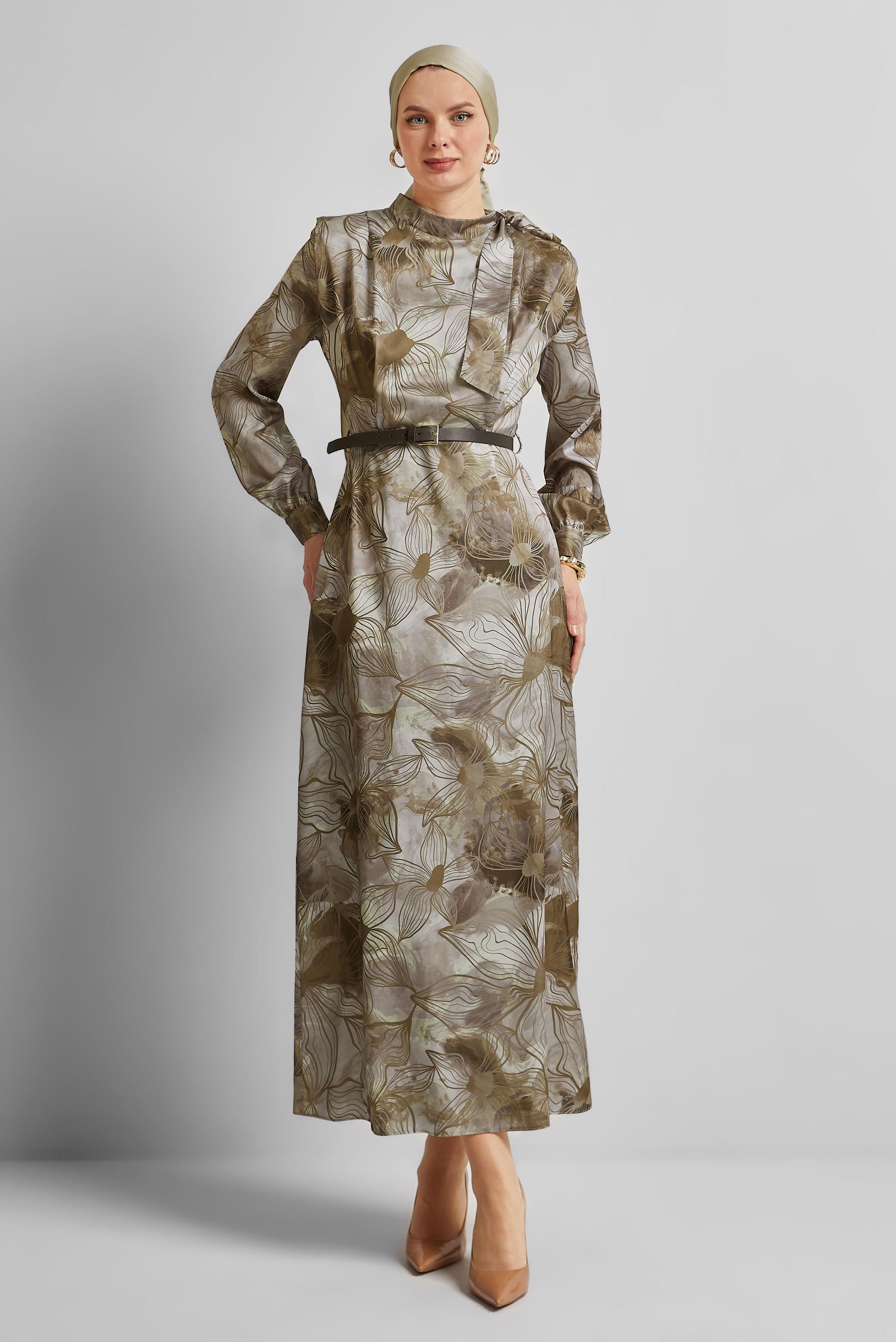 Tesettür giyim VİZON SATEN ELBİSE 45453