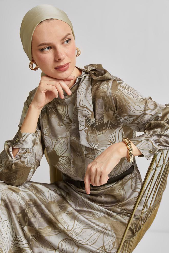 Tesettür giyim VİZON SATEN ELBİSE 45453 - ALVİNA