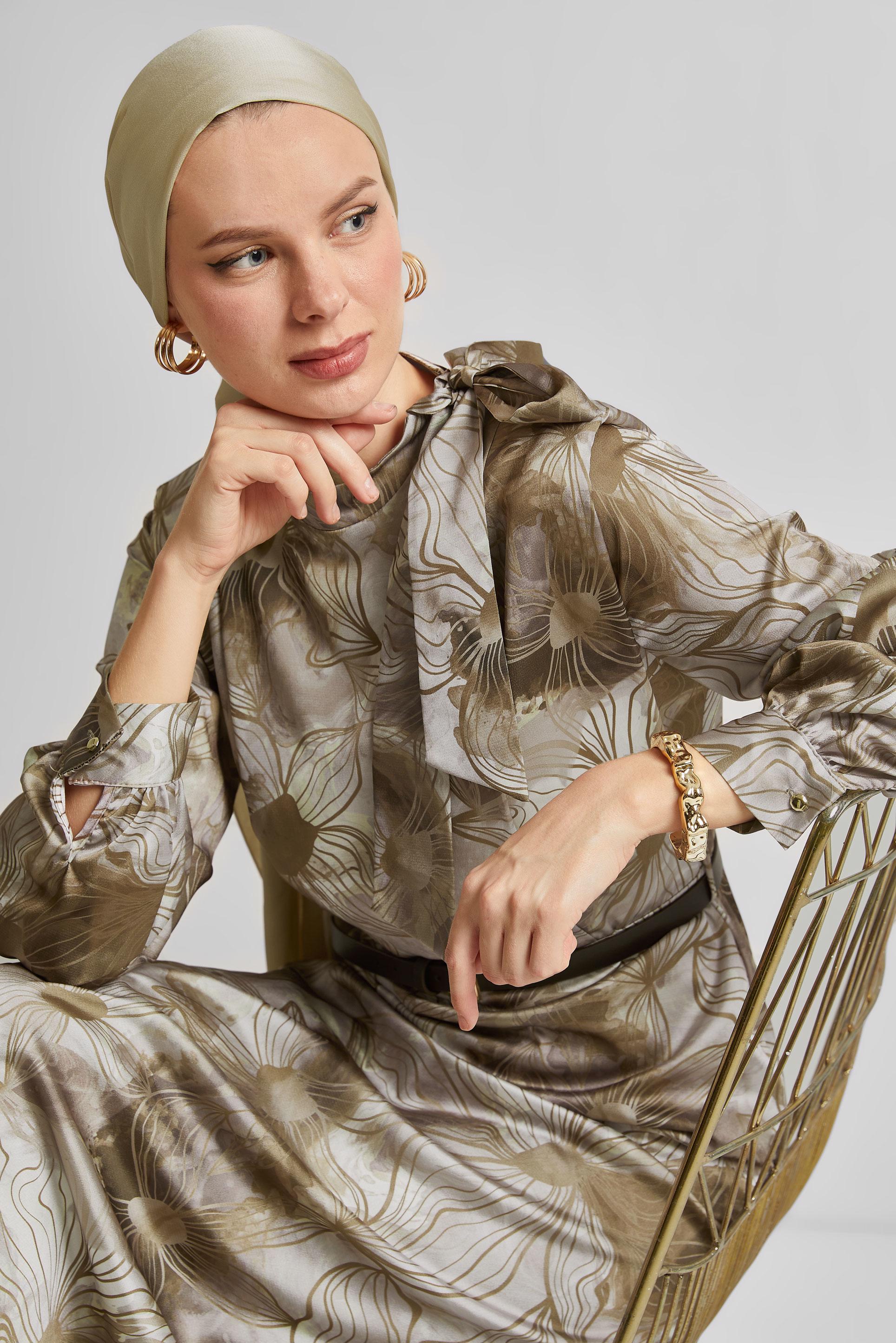 Tesettür giyim VİZON SATEN ELBİSE 45453