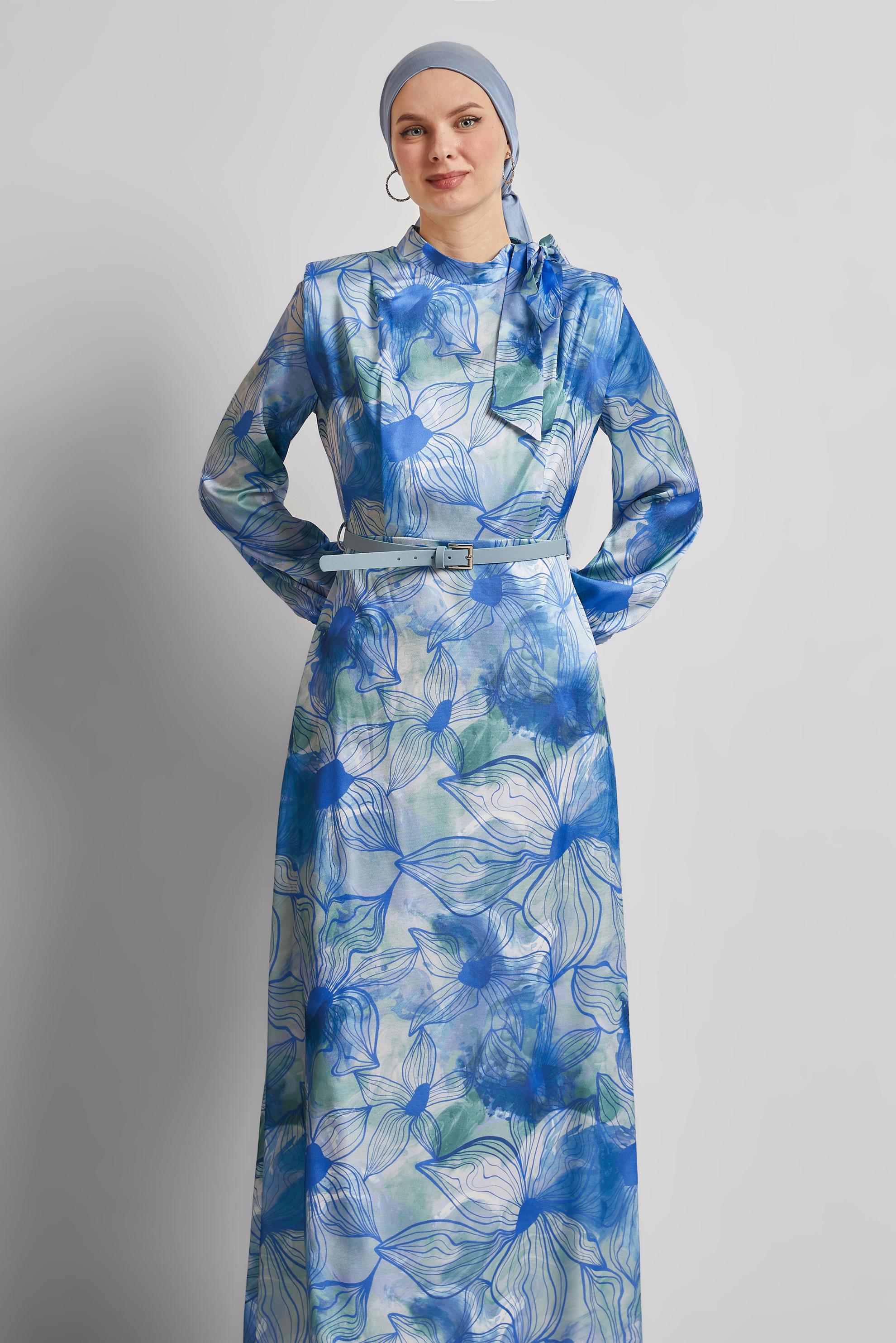 Tesettür giyim LACİVERT SATEN ELBİSE 45453