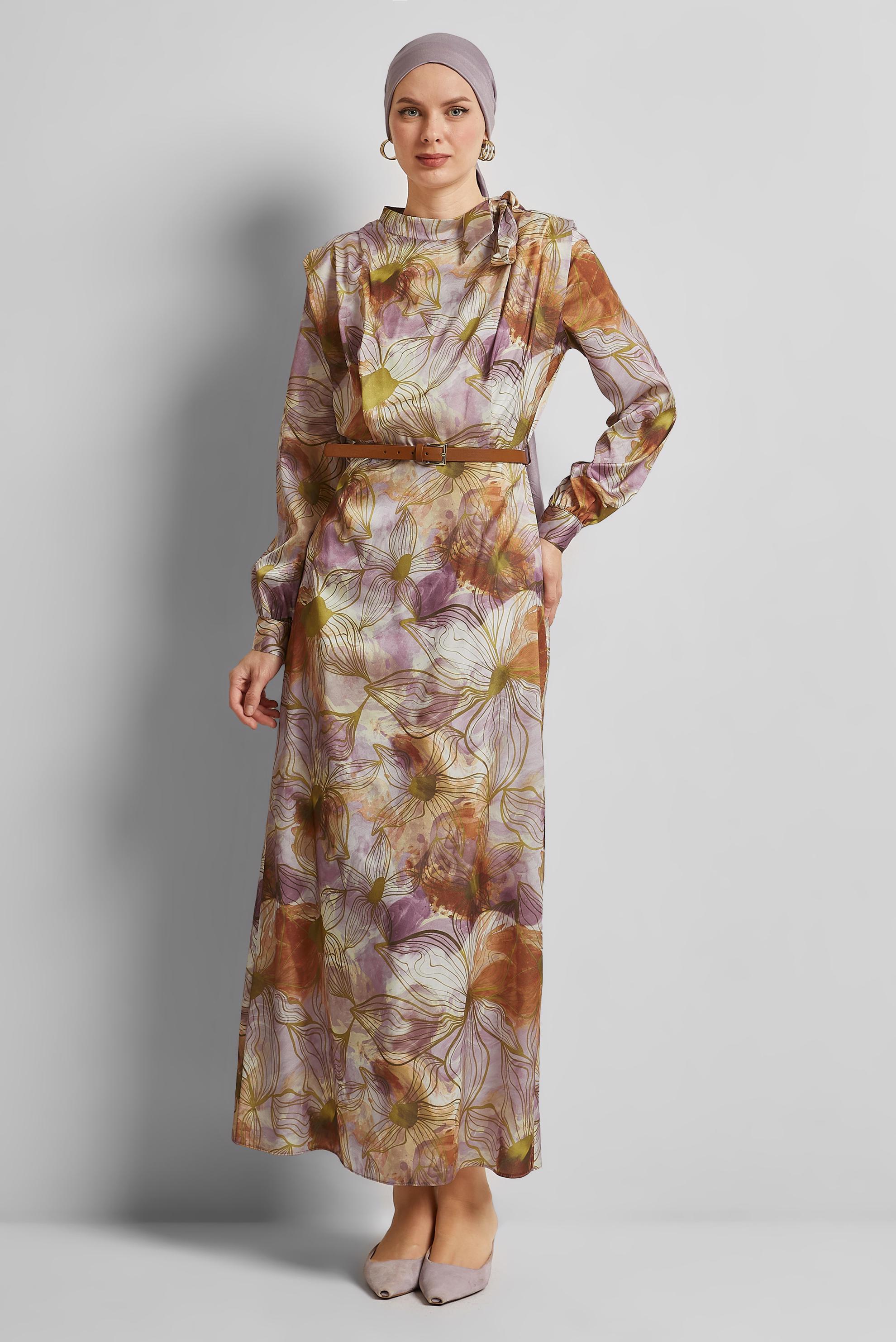 Tesettür giyim MOR SATEN ELBİSE 45453