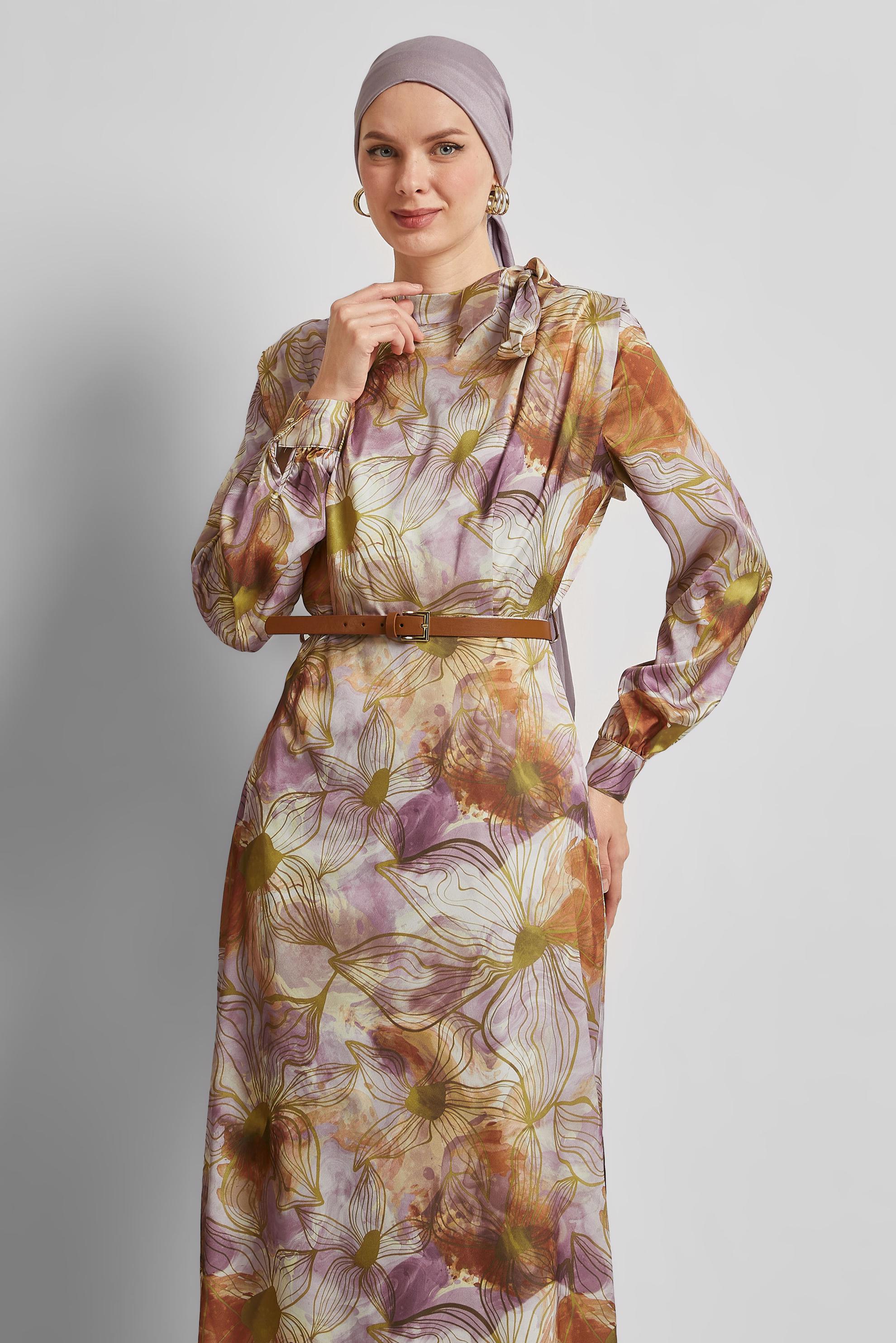 Tesettür giyim MOR SATEN ELBİSE 45453