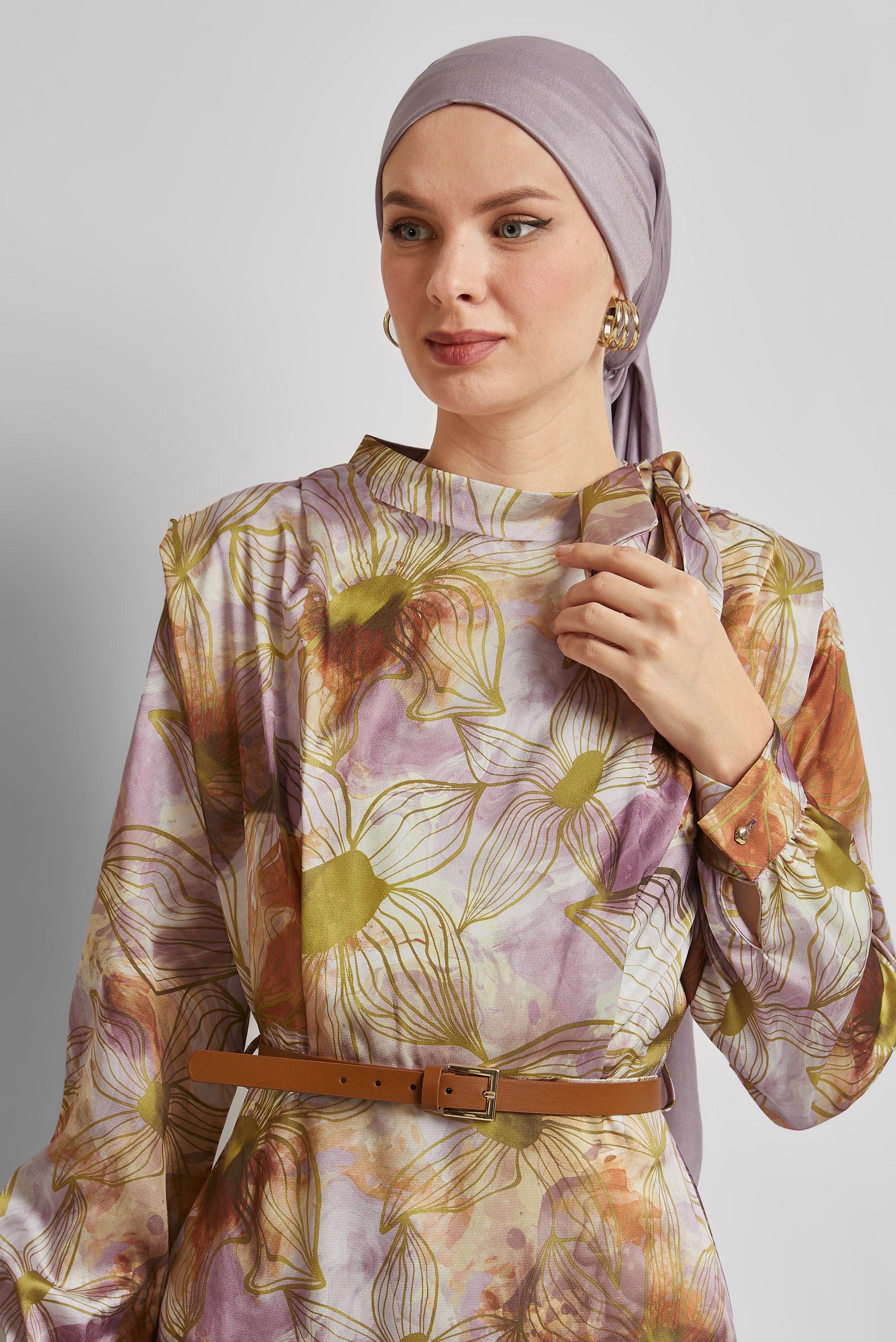 Tesettür giyim MOR SATEN ELBİSE 45453