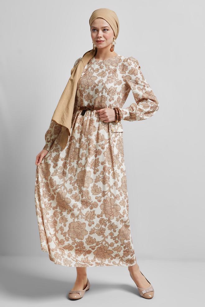 Hijab-Kleidung NERZ KLEID MIT GÜRTELMUSTER 45458 - ALVİNA