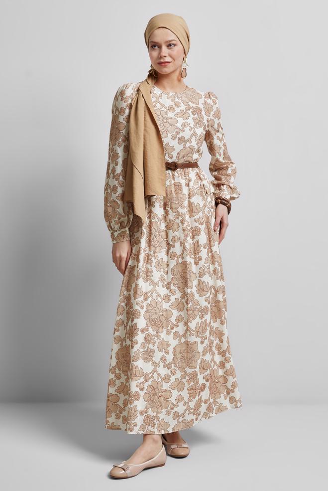 Hijab-Kleidung NERZ KLEID MIT GÜRTELMUSTER 45458 - ALVİNA