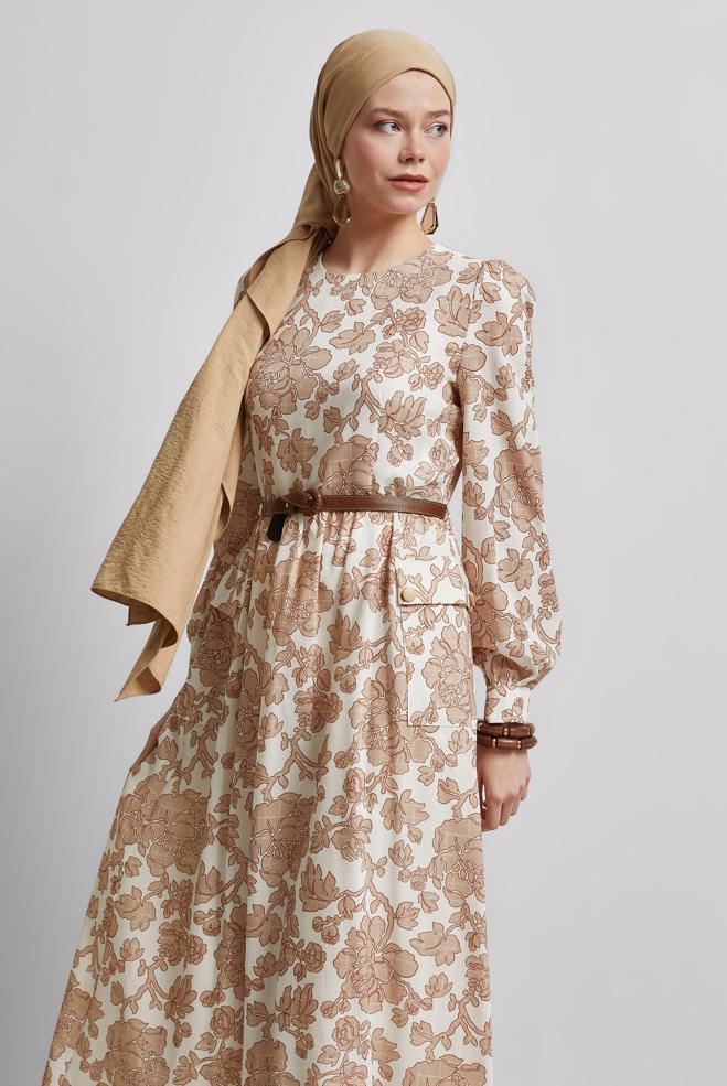 Hijab-Kleidung NERZ KLEID MIT GÜRTELMUSTER 45458 - ALVİNA